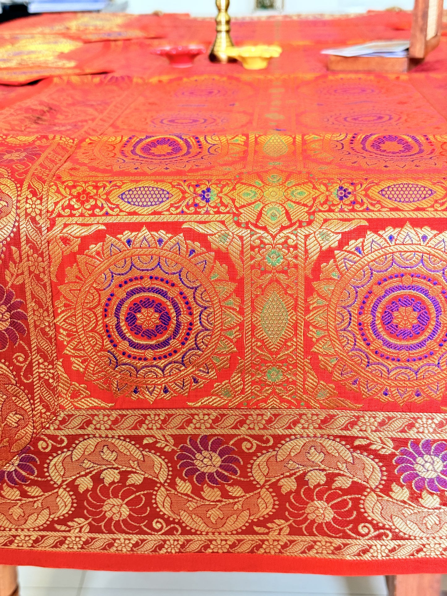 Red Banarasi Silk Decorative Festive Runner Mat and Coaster Set