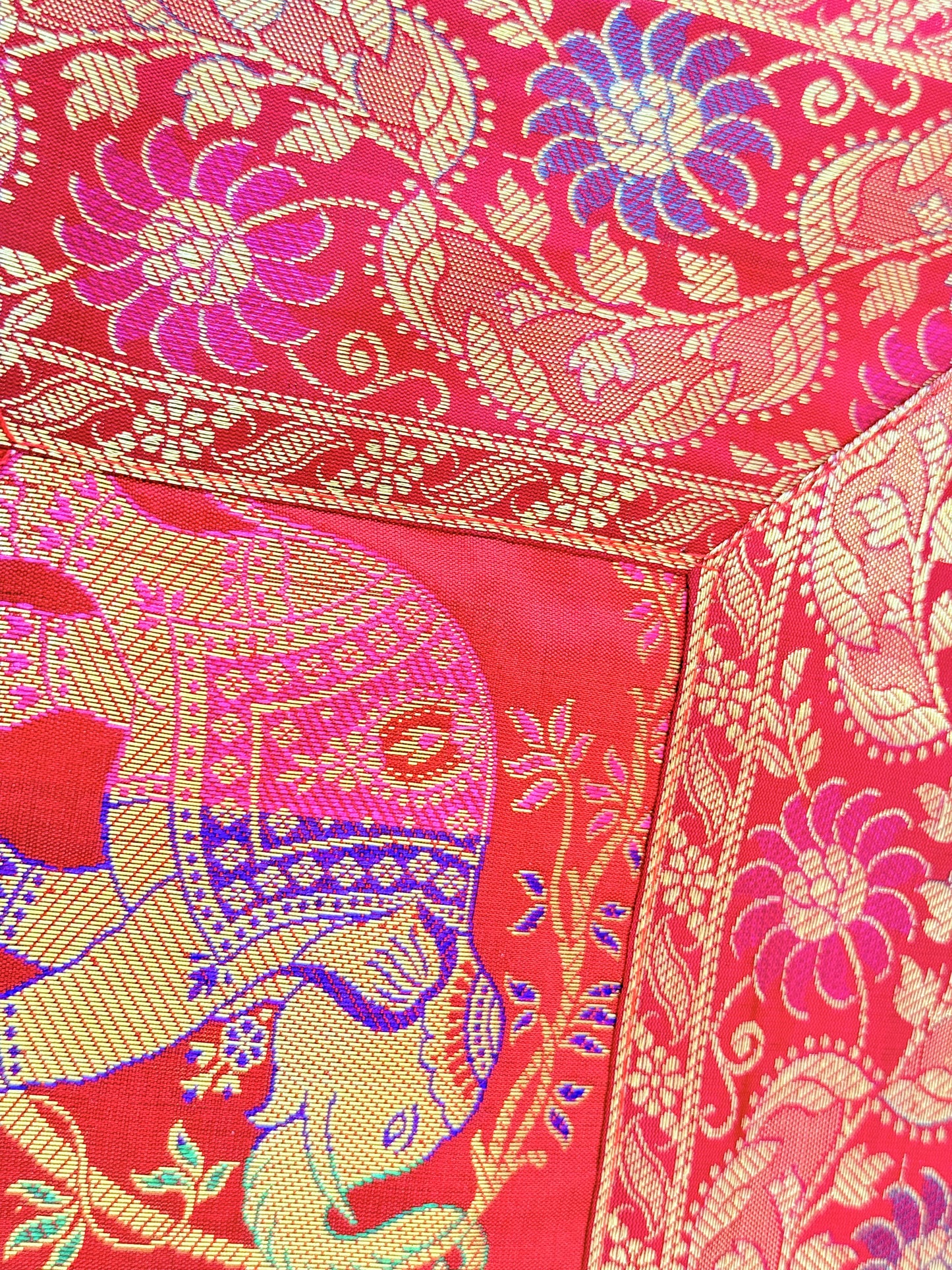 Crimson Red Banarasi Silk Brocade Table Runner and Mat with Coaster Set of 6