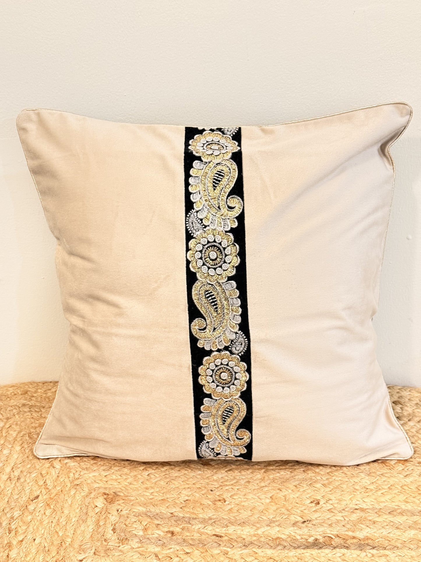 Beige Velvet Black Brocade Cushion Cover – Luxury Decorative Pillow for Elegant Home Décor