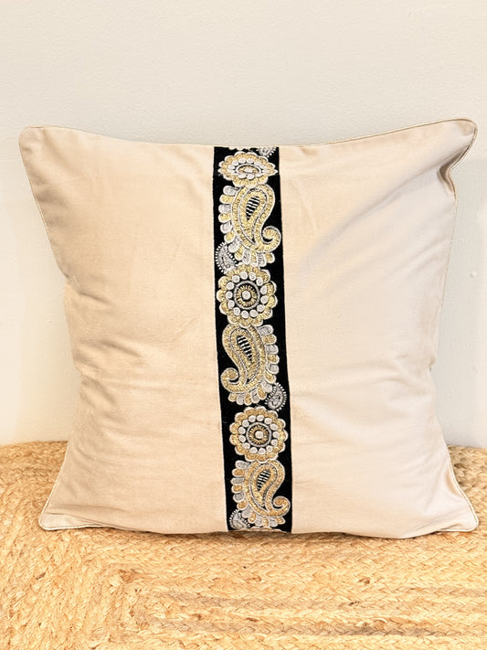 Beige Velvet Black Brocade Cushion Cover – Luxury Decorative Pillow for Elegant Home Décor