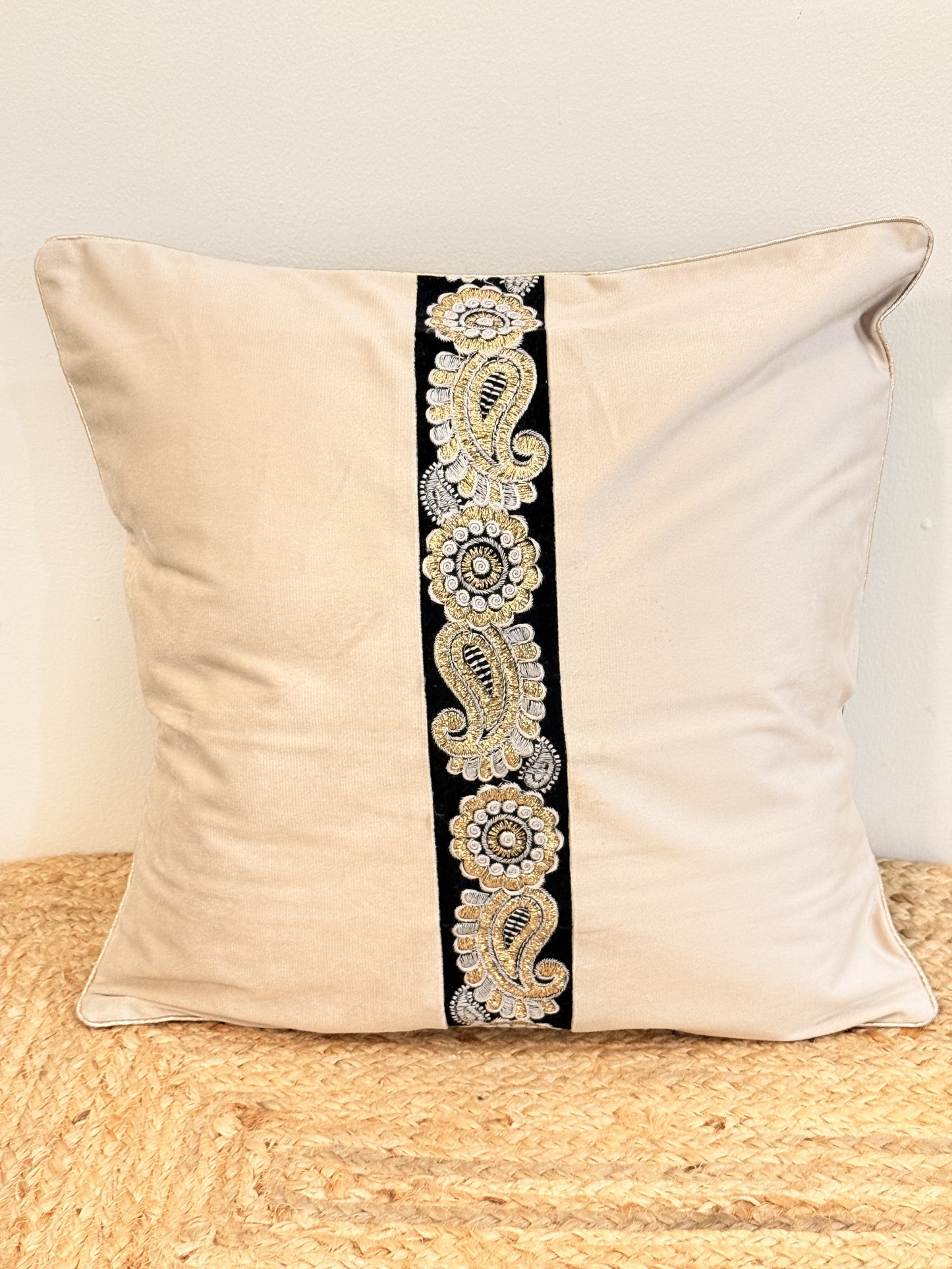 Beige Velvet Black Brocade Cushion Cover – Luxury Decorative Pillow for Elegant Home Décor