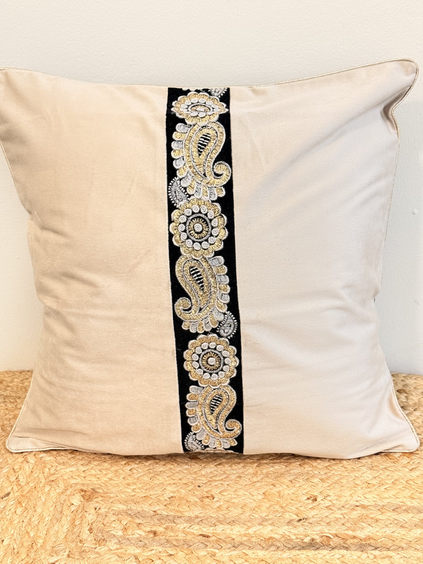 Beige Velvet Black Brocade Cushion Cover – Luxury Decorative Pillow for Elegant Home Décor