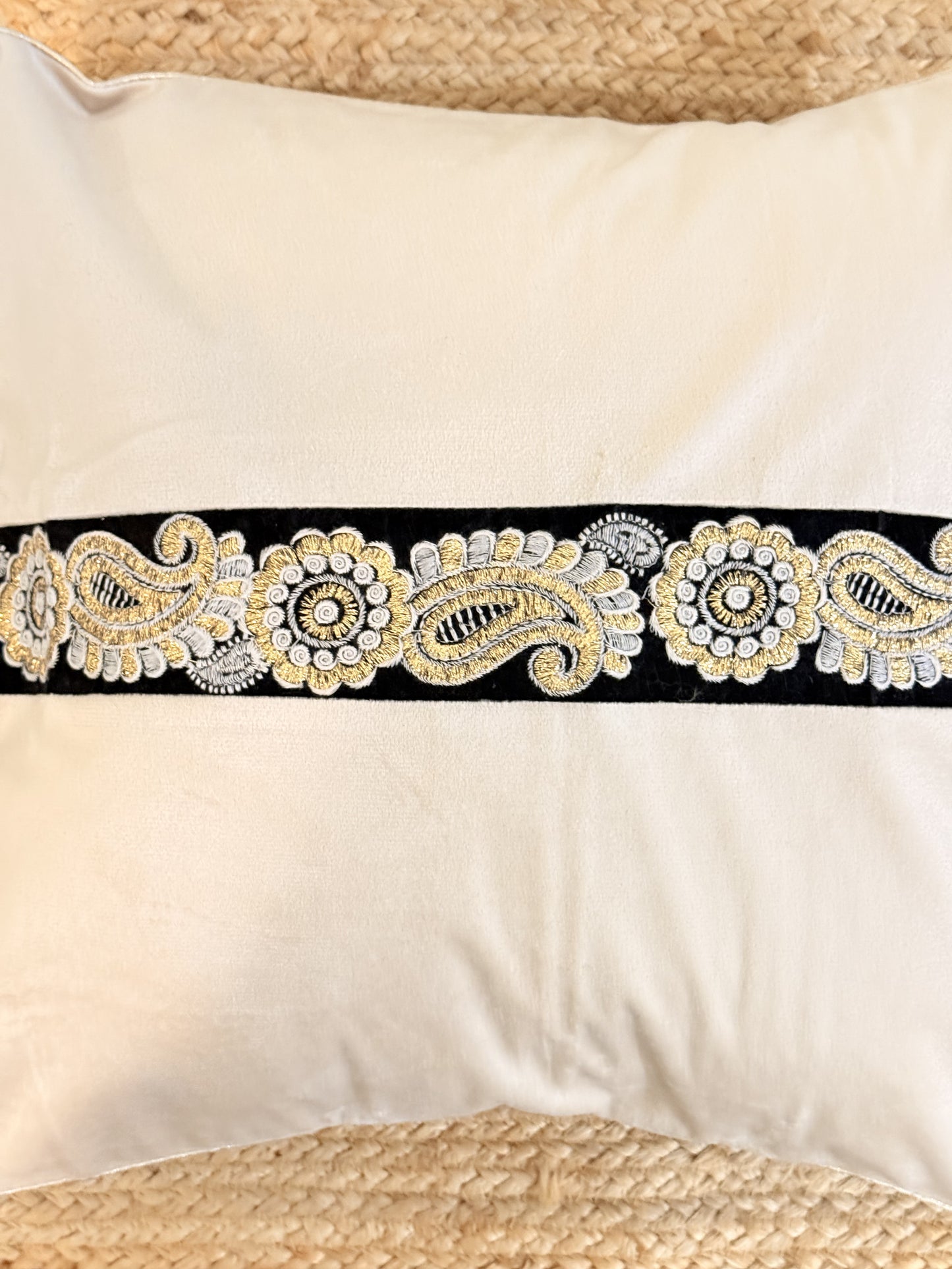 Beige Velvet Black Brocade Cushion Cover – Luxury Decorative Pillow for Elegant Home Décor
