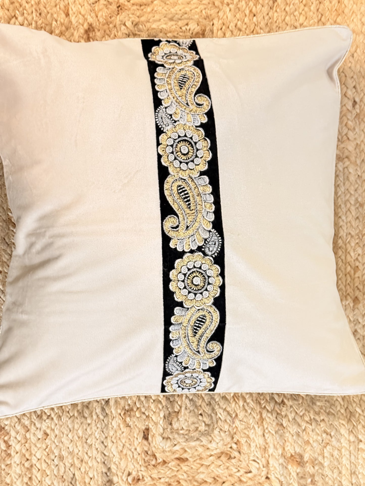 Beige Velvet Black Brocade Cushion Cover – Luxury Decorative Pillow for Elegant Home Décor