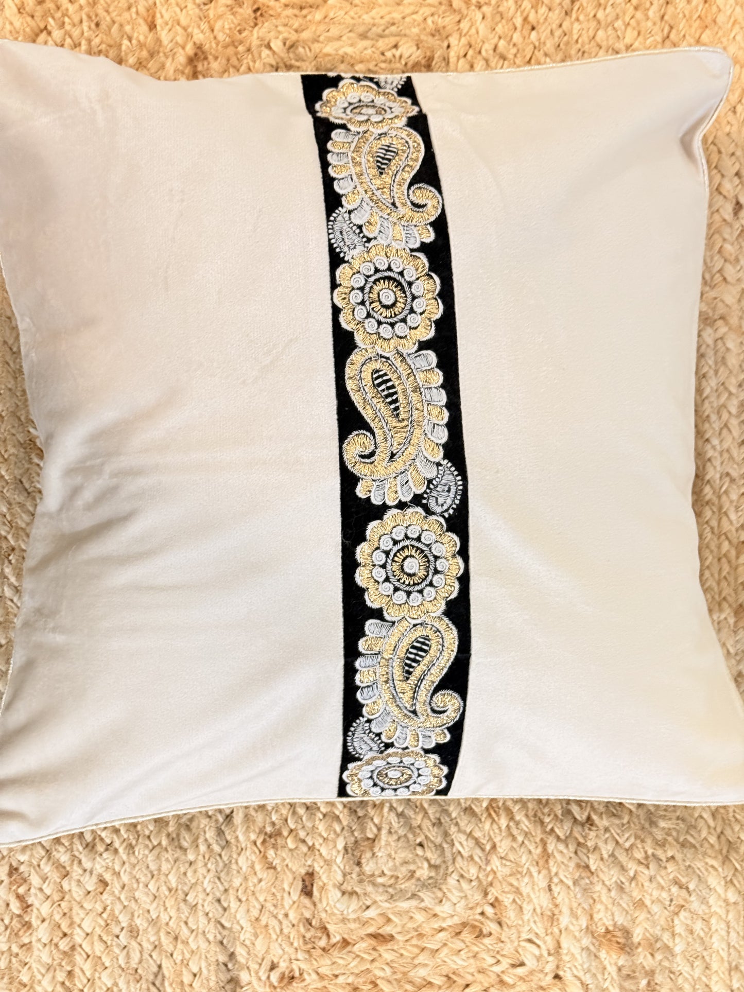 Beige Velvet Black Brocade Cushion Cover – Luxury Decorative Pillow for Elegant Home Décor