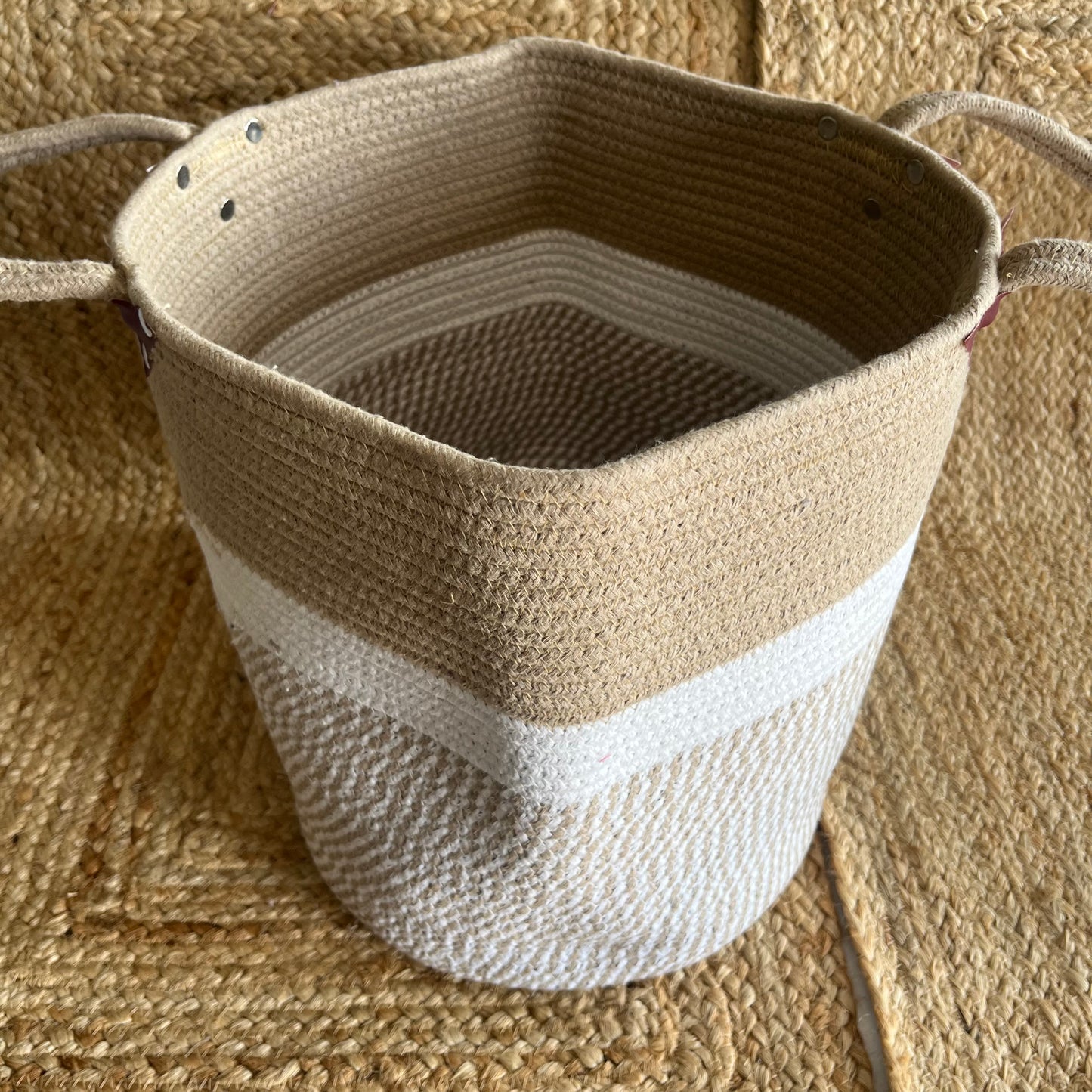 Jute Large Basket Storage Organizer with Handle - Beige and White