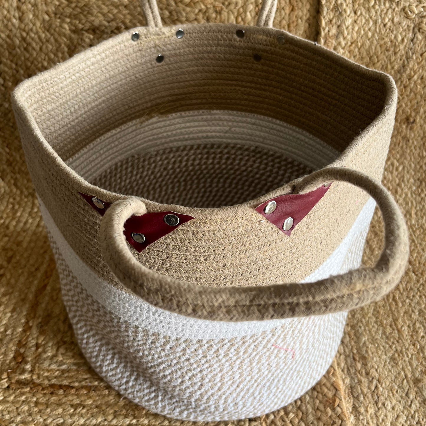 Jute Large Basket Storage Organizer with Handle - Beige and White