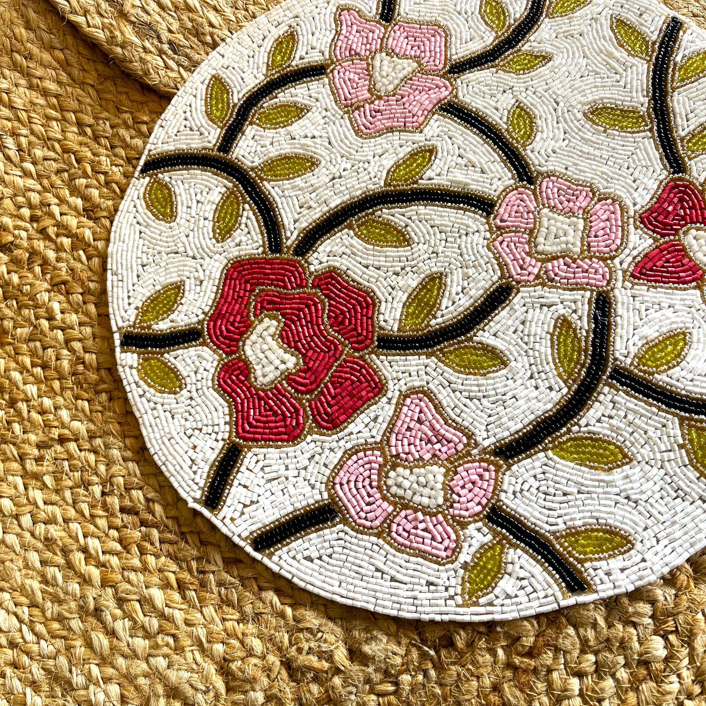 Pink Red Floral Round Handcrafted Beaded Placemat- 14-inch Round Decorative Table Mat