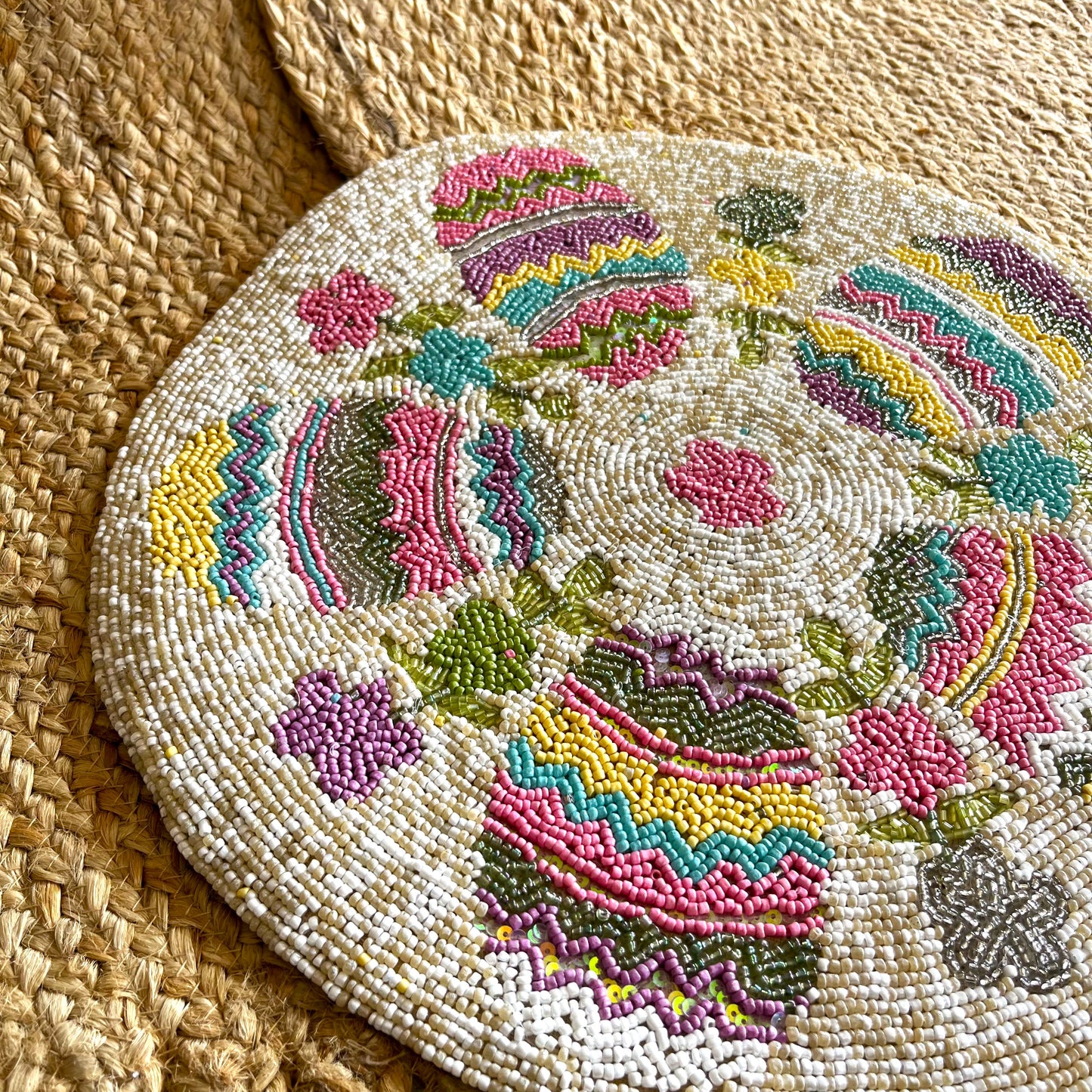 Pink Pastel Floral Round Handcrafted Beaded Placemat- 14-inch Round Decorative Table Mat