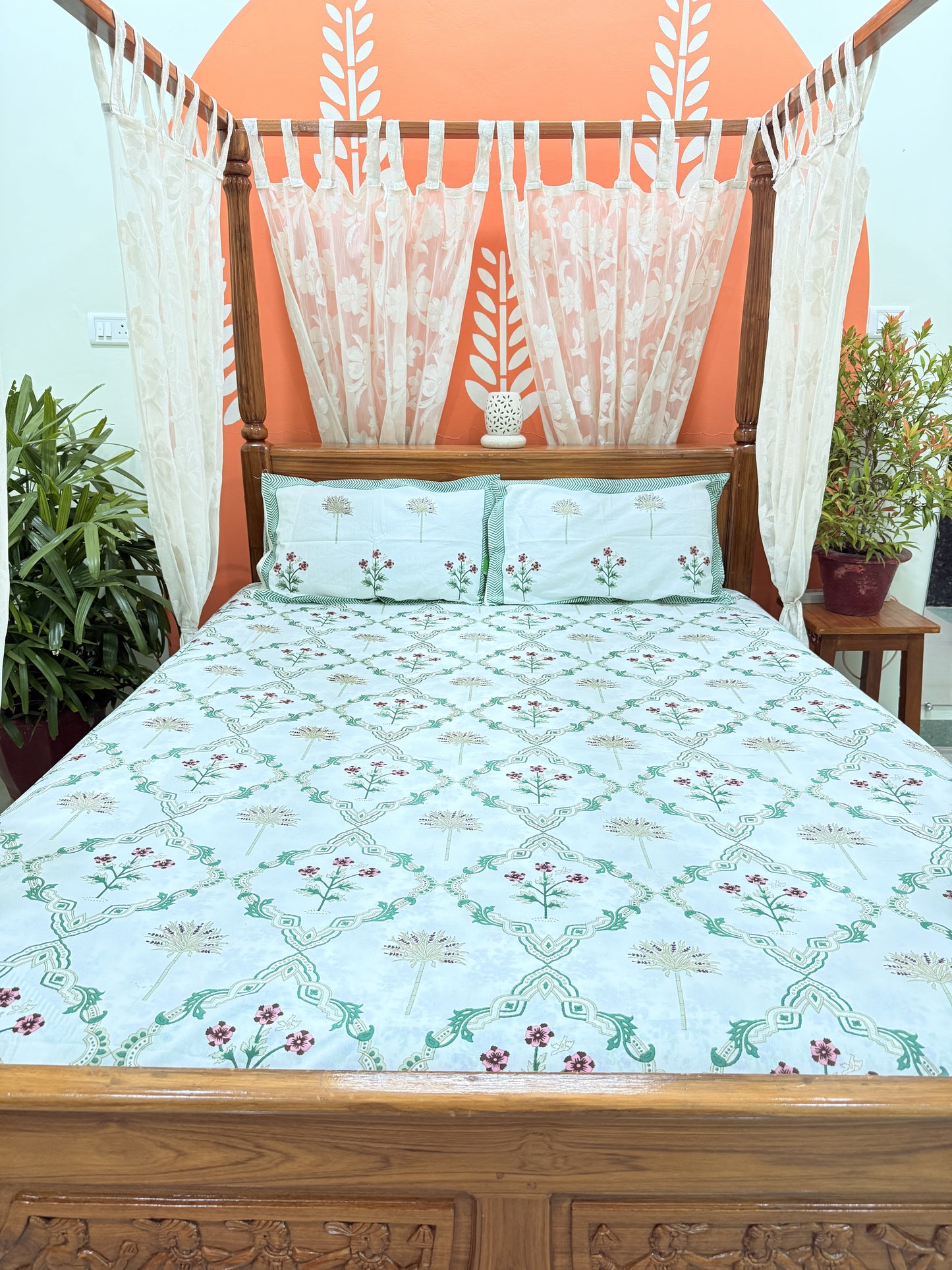 Green Abstract Premium Double Cotton Handblock Bedsheet