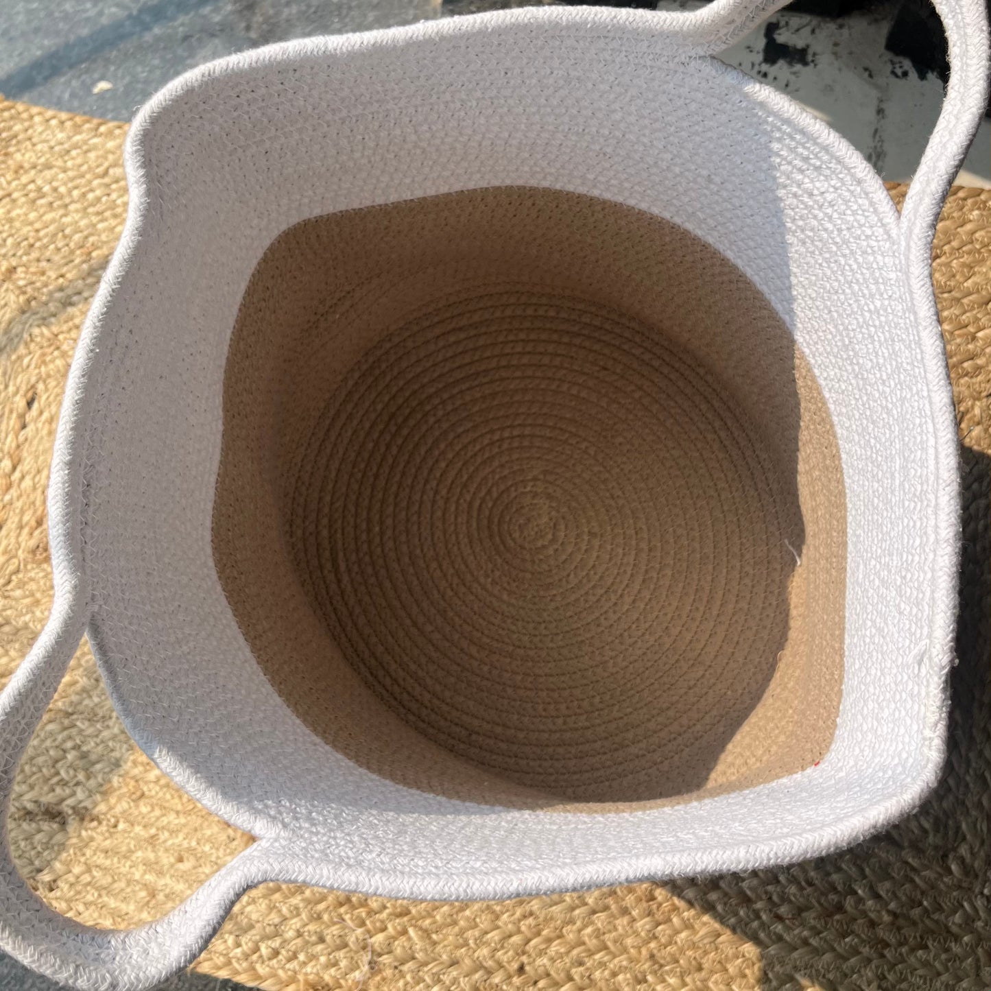 Jute Laundry Storage Basket Organizer with Handles - Beige and White