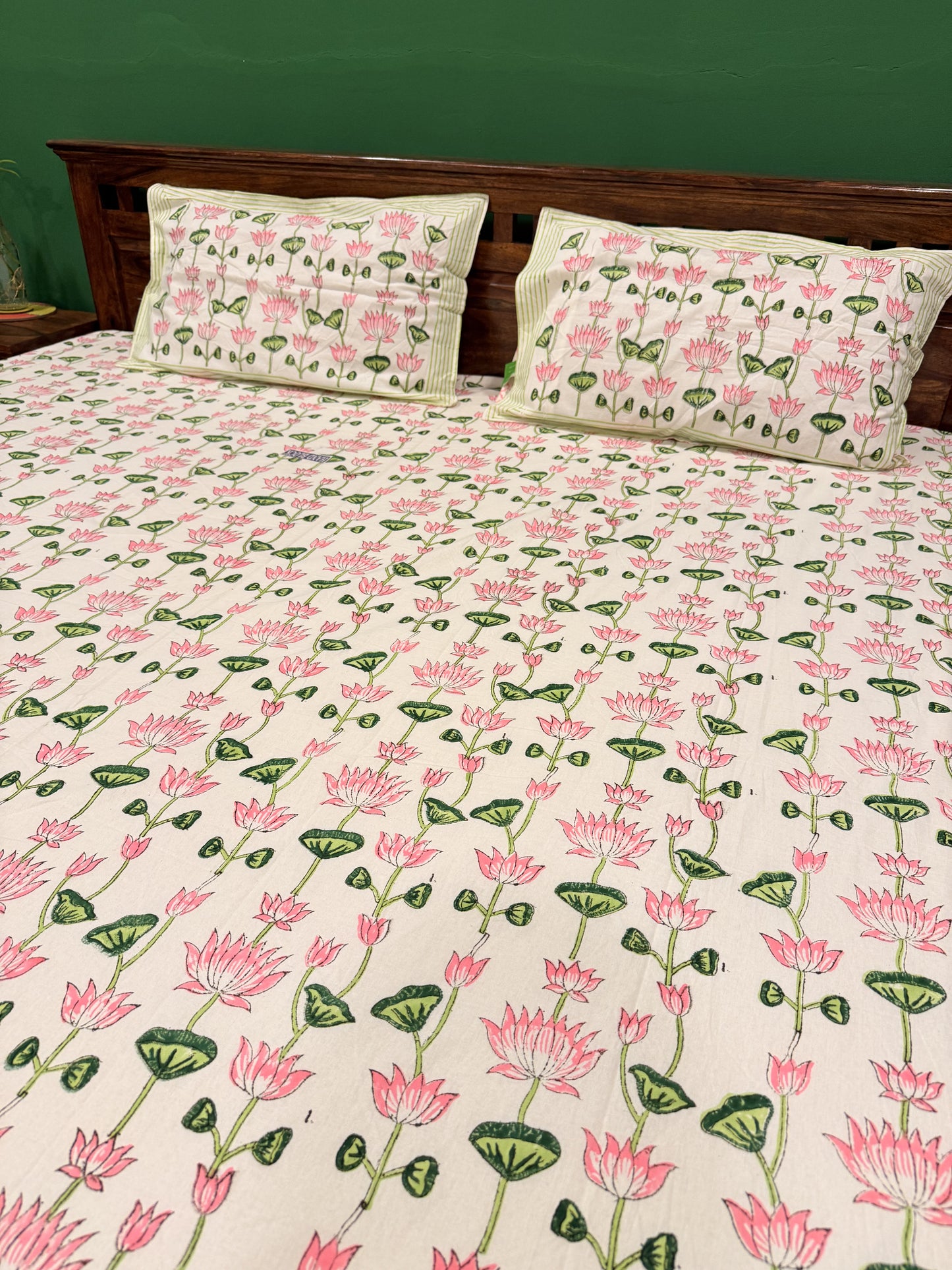 Pink Lotus Premium Cotton Double Handblock Bedsheet