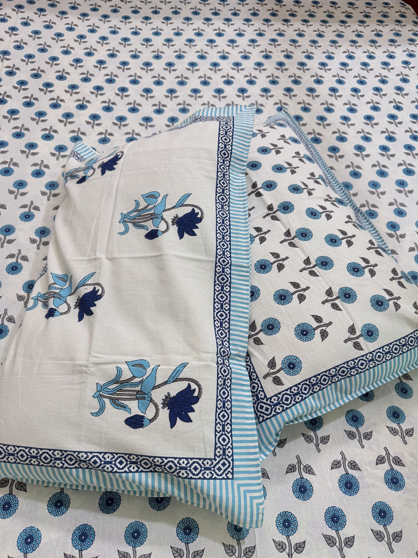 Blue Premium Cotton Double Handblock Bedsheet