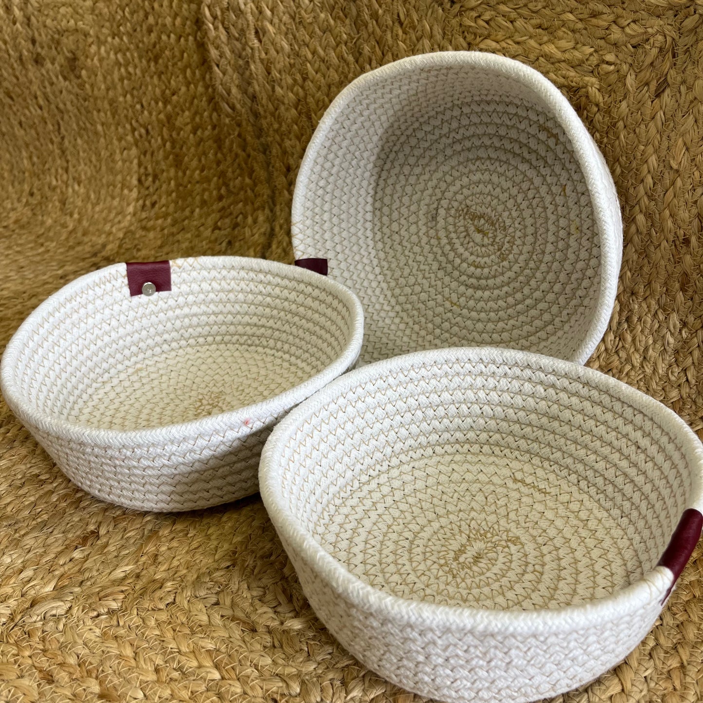 Jute Storage Baskets Multi-Purpose Organizer – White & Golden (Set of 3: Small, Medium, Large)