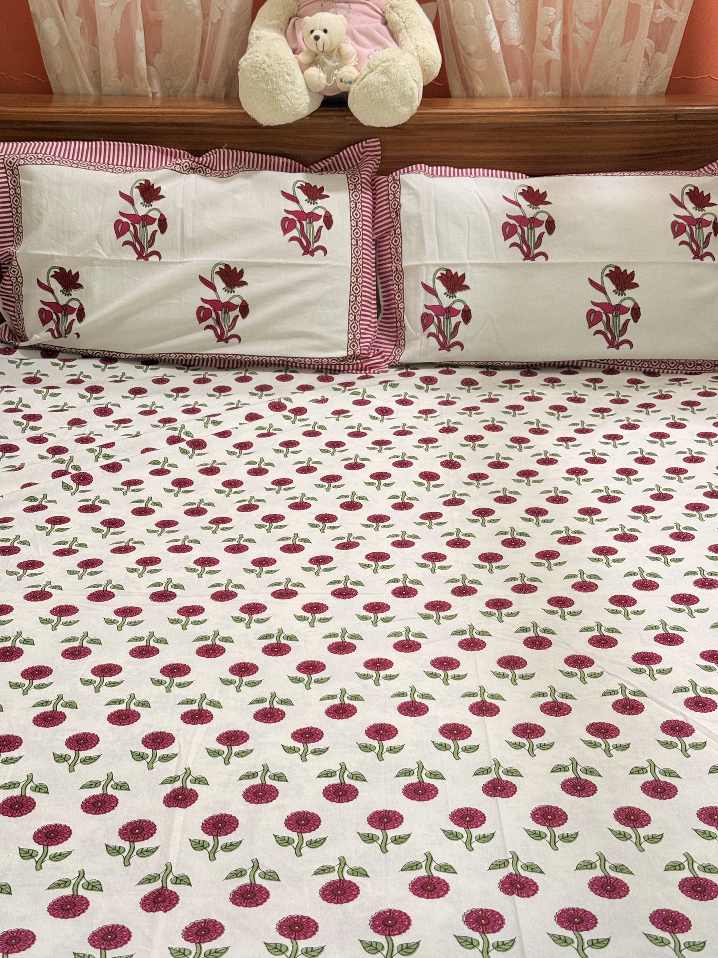 Red Premium Cotton Double Handblock Bedsheet