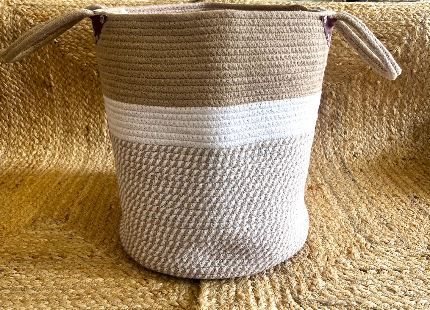 Jute Large Basket Storage Organizer with Handle - Beige and White