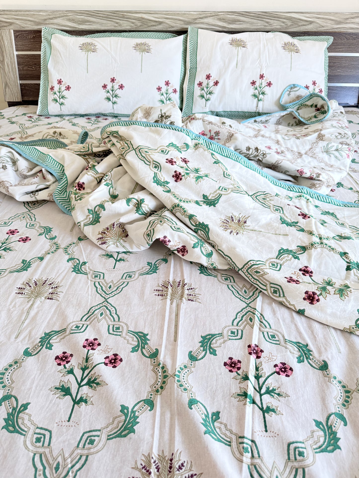 Green Cotton hand block Double Dohar With Double Bedsheet