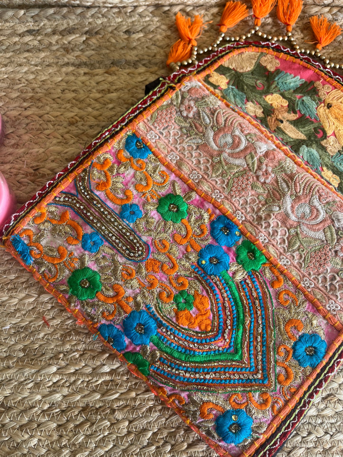 Orange Multi-Color Hand Embroidered Patchwork Sling Bag