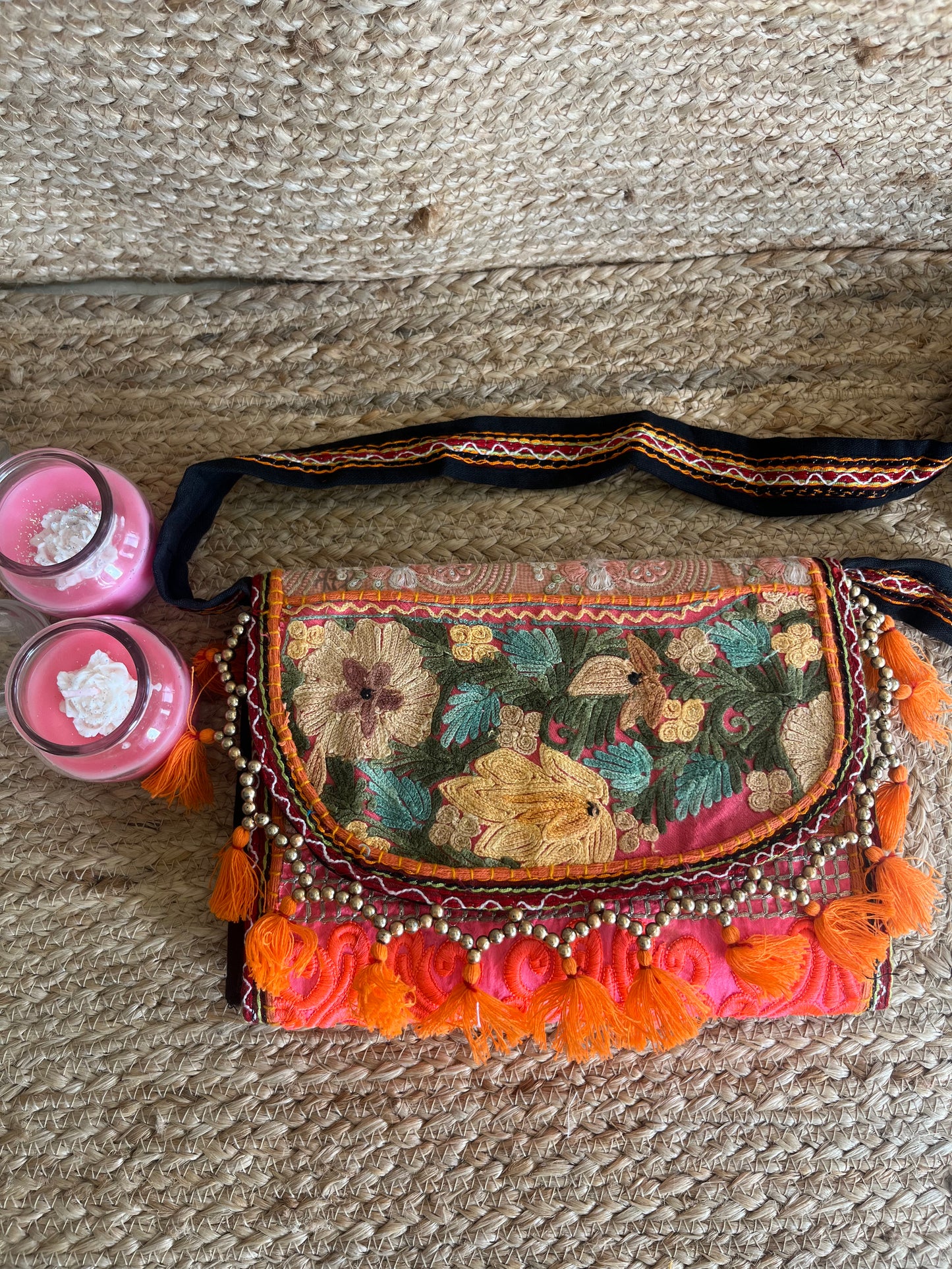 Orange Multi-Color Hand Embroidered Patchwork Sling Bag