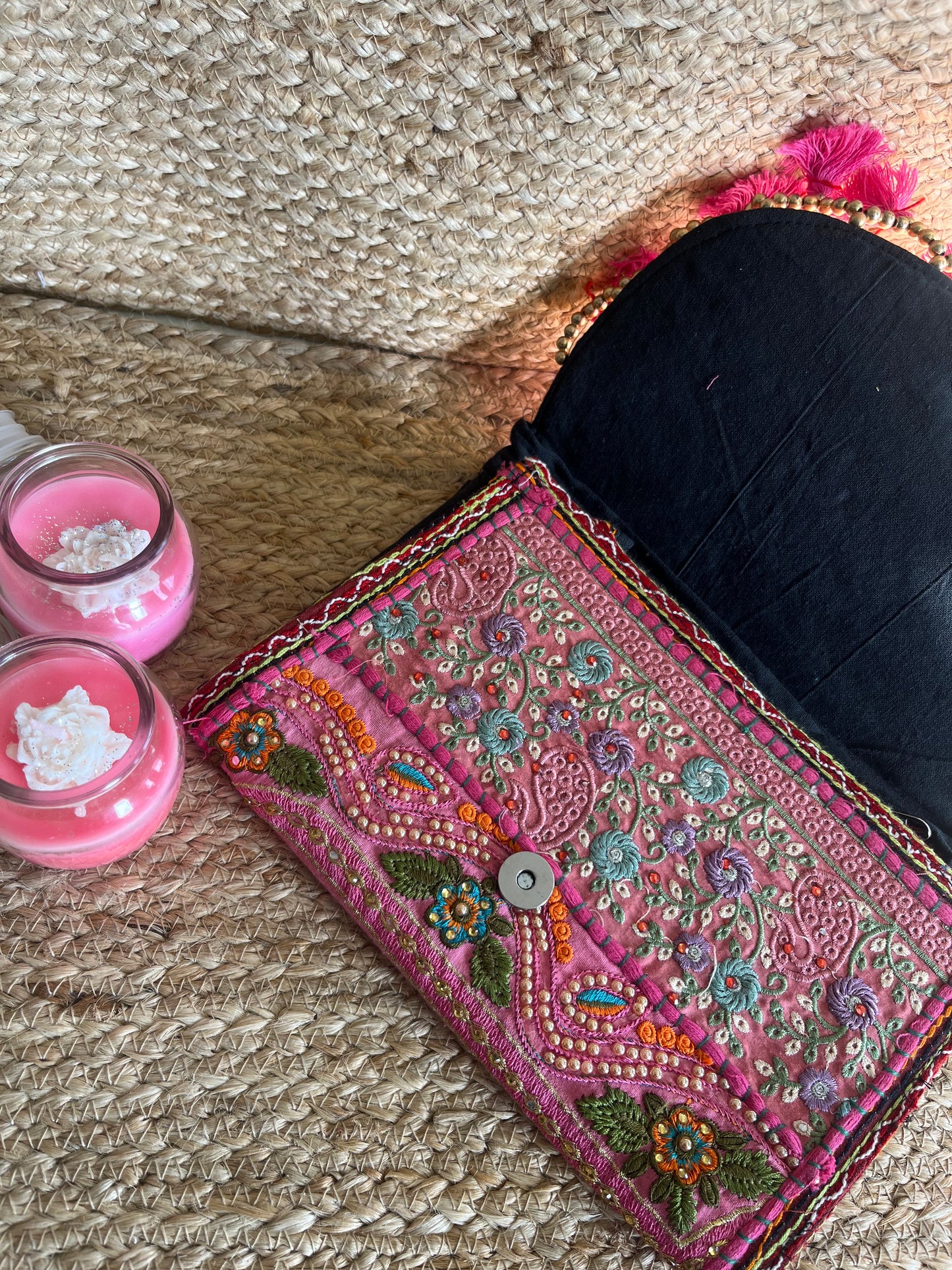 Pink Multi-Color Hand Embroidered Patchwork Sling Bag