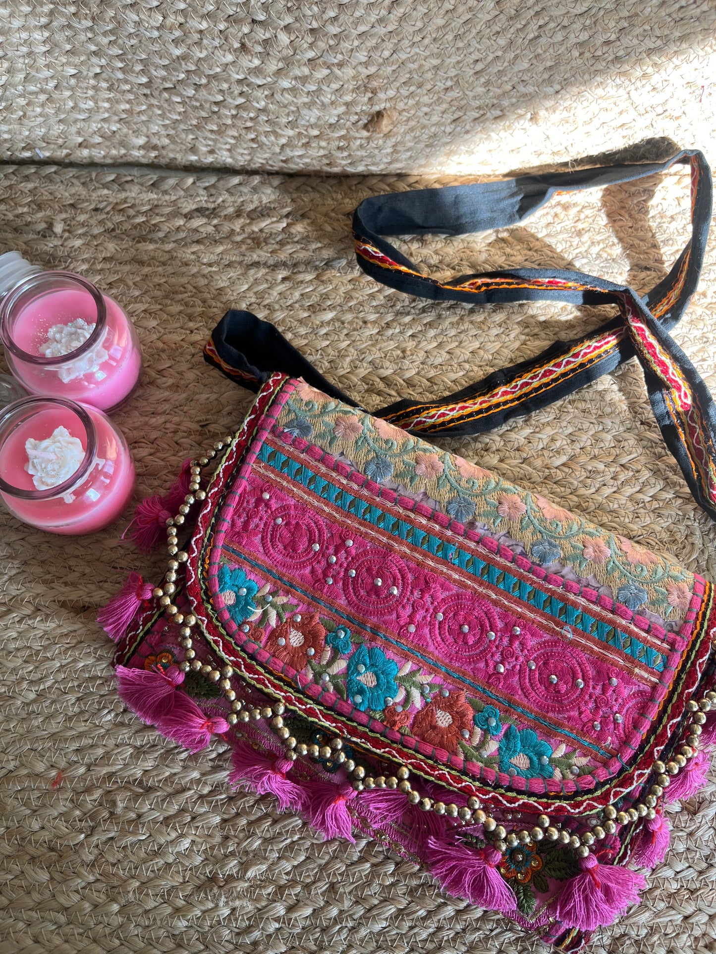 Pink Multi-Color Hand Embroidered Patchwork Sling Bag