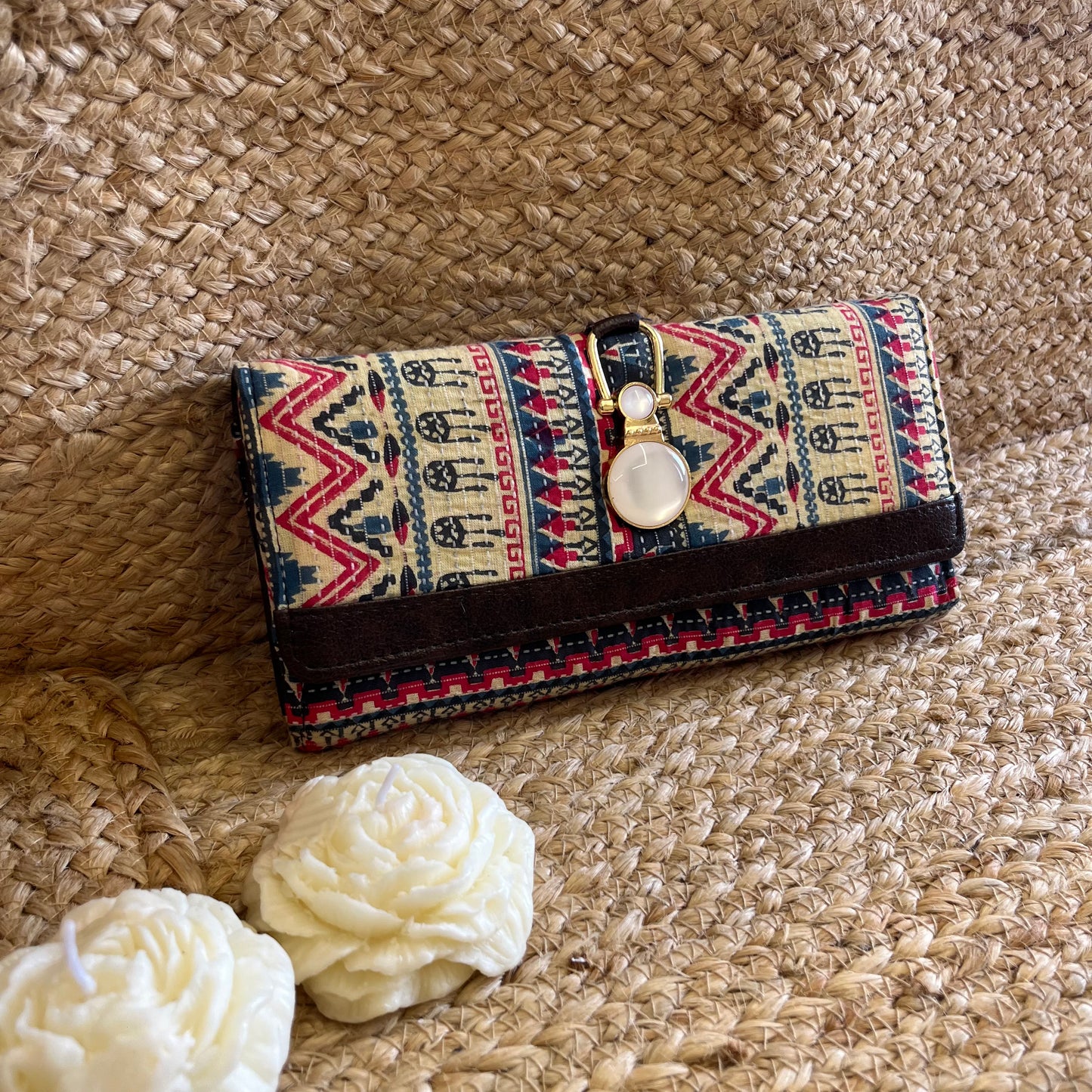 Women Beige Pink Ethnic Handblock Printed Vegan Leather Wallet