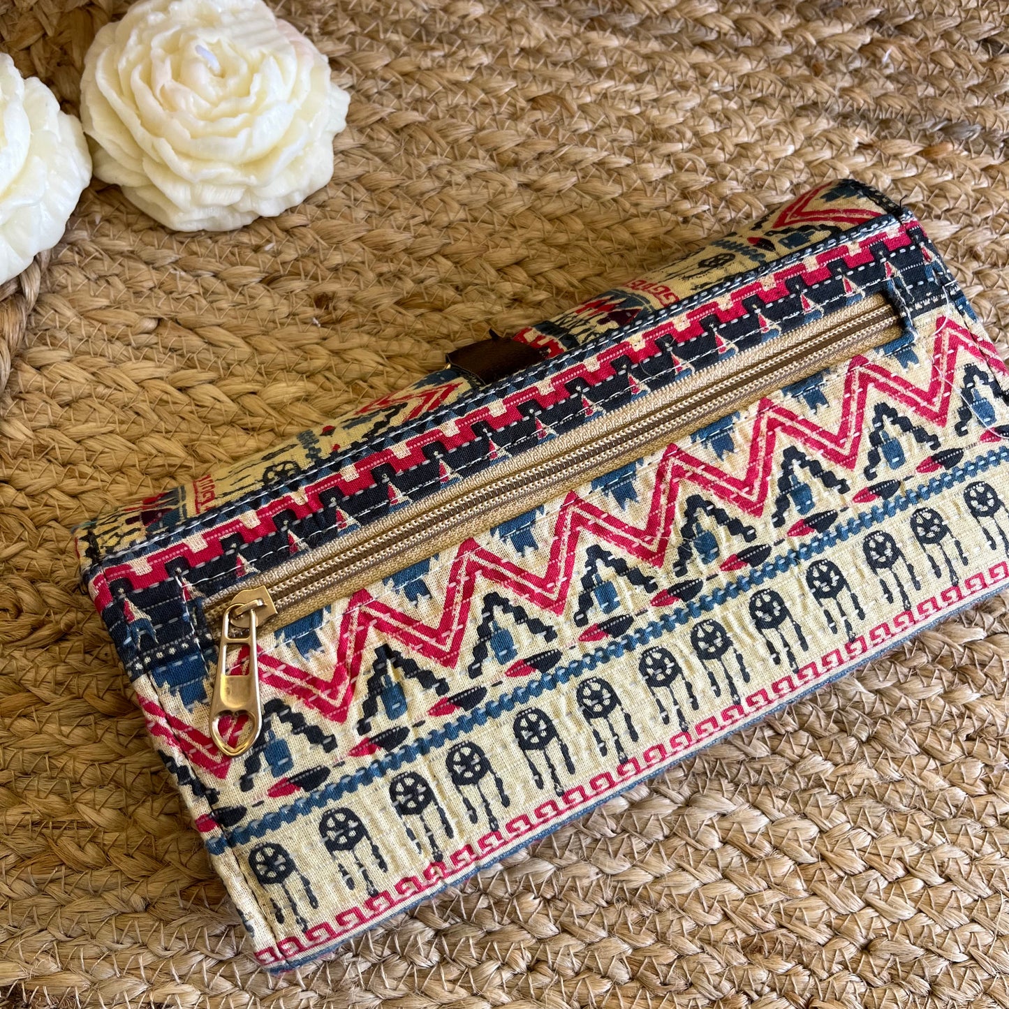 Women Beige Pink Ethnic Handblock Printed Vegan Leather Wallet
