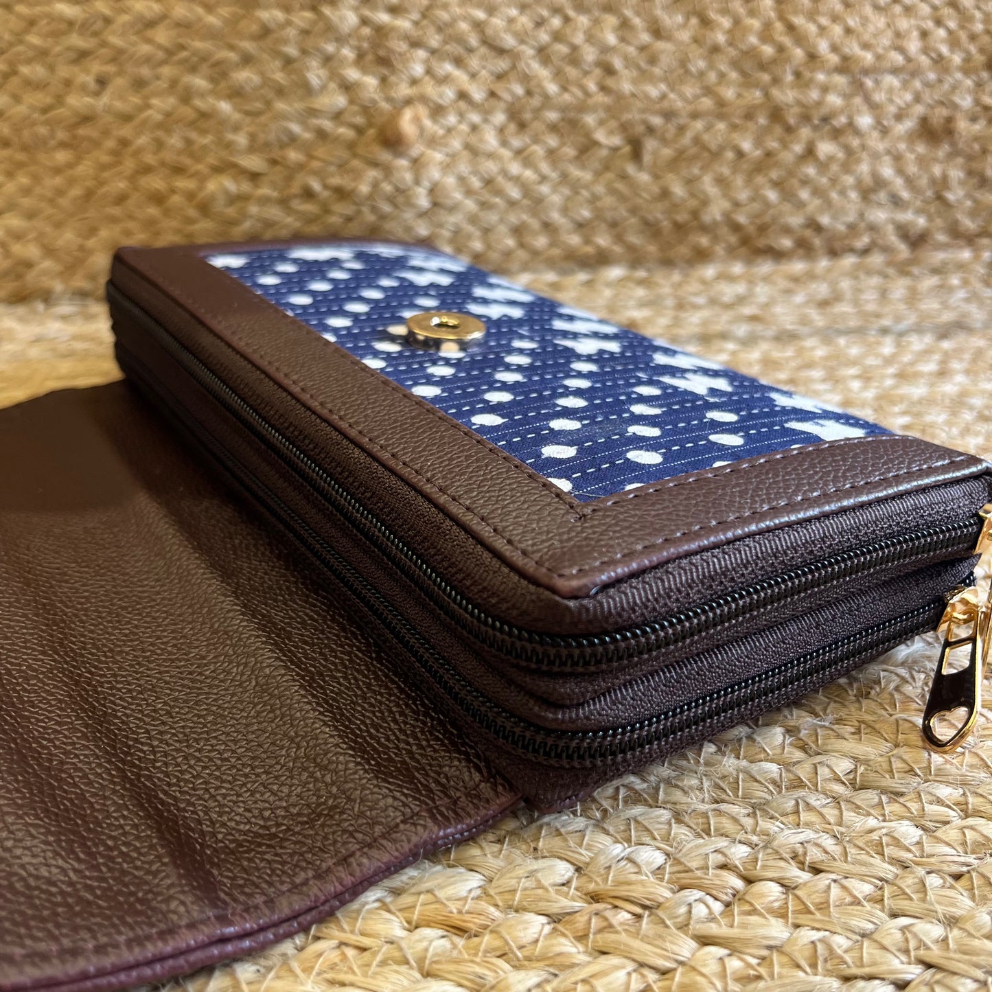 Women Dark Blue Ethnic Handblock Printed Zip Around Vegan Leather Wallet