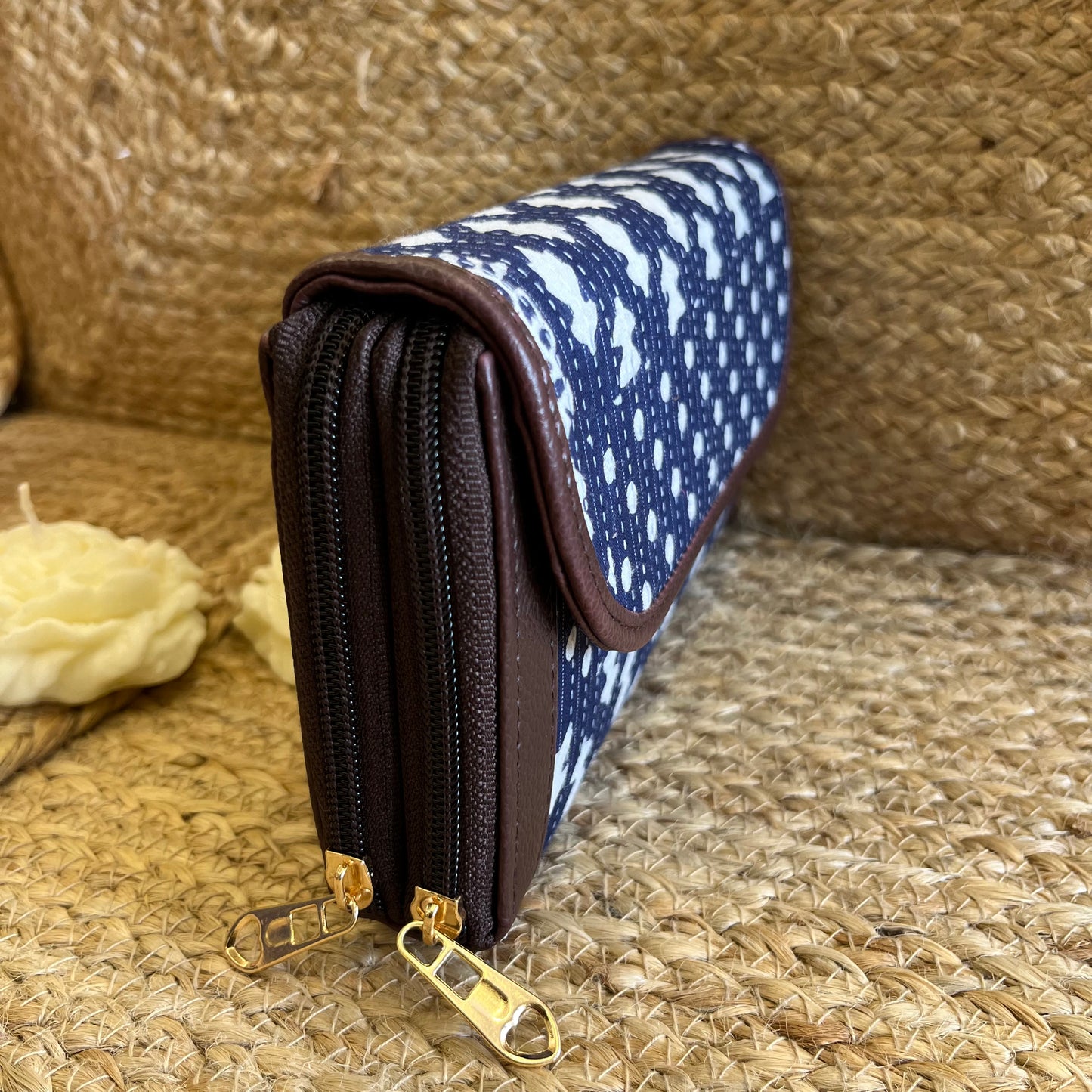 Women Dark Blue Ethnic Handblock Printed Zip Around Vegan Leather Wallet