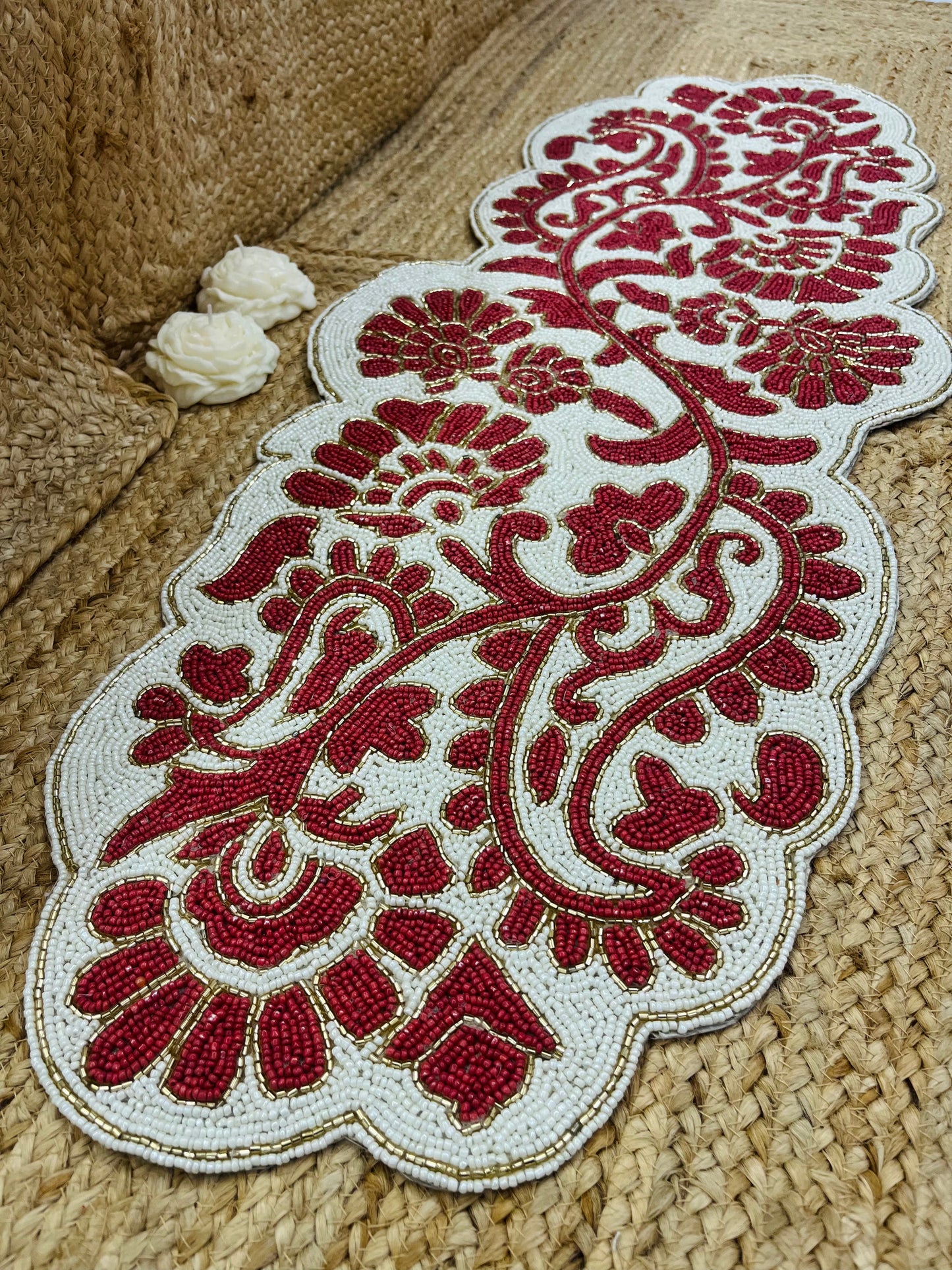 Red Floral Abstract Glass Beaded Table Runner (35 inch x 12 inch)