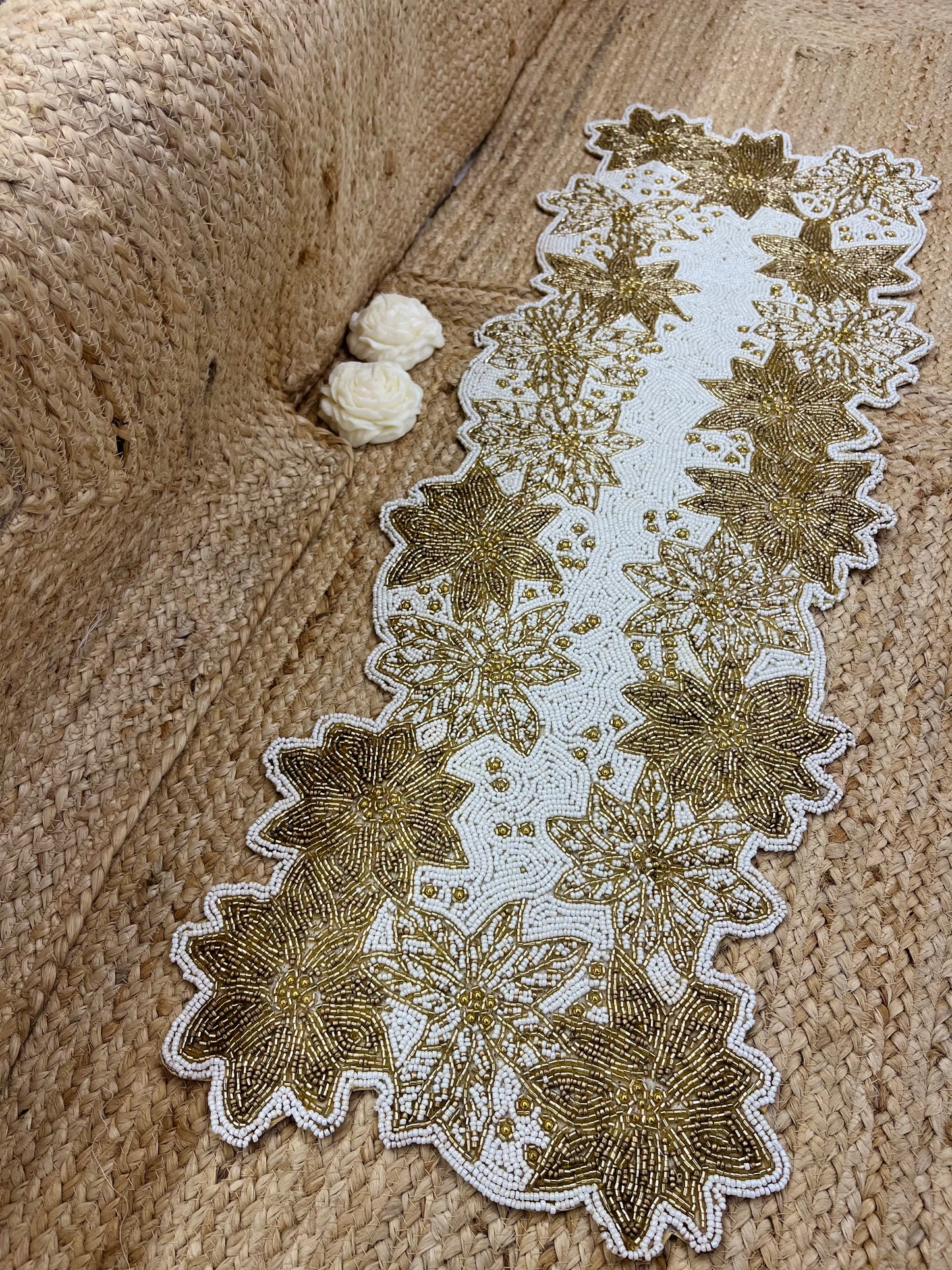 Golden White Abstract Glass Beaded Runner (35 inch x 12 inch)