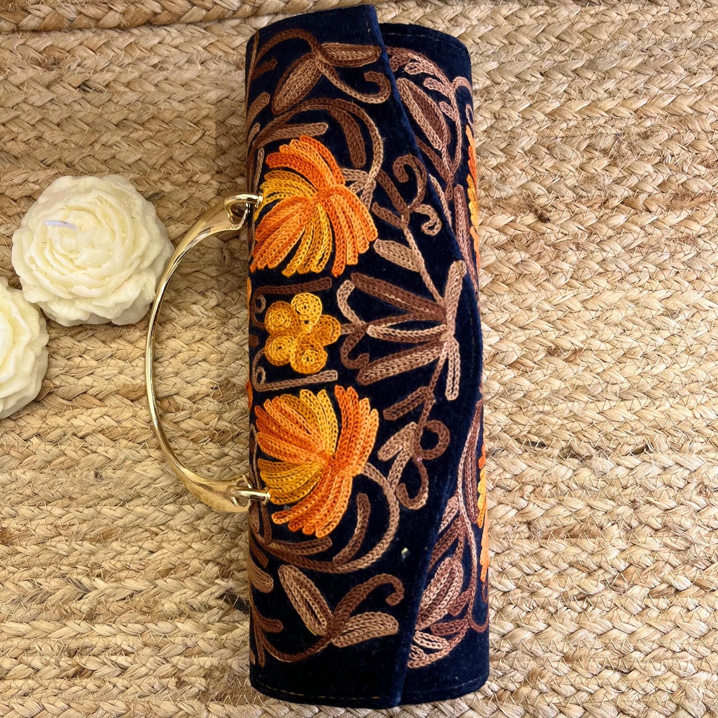 Navy Blue Premium Kashmiri Velvet Embroidered Clutch