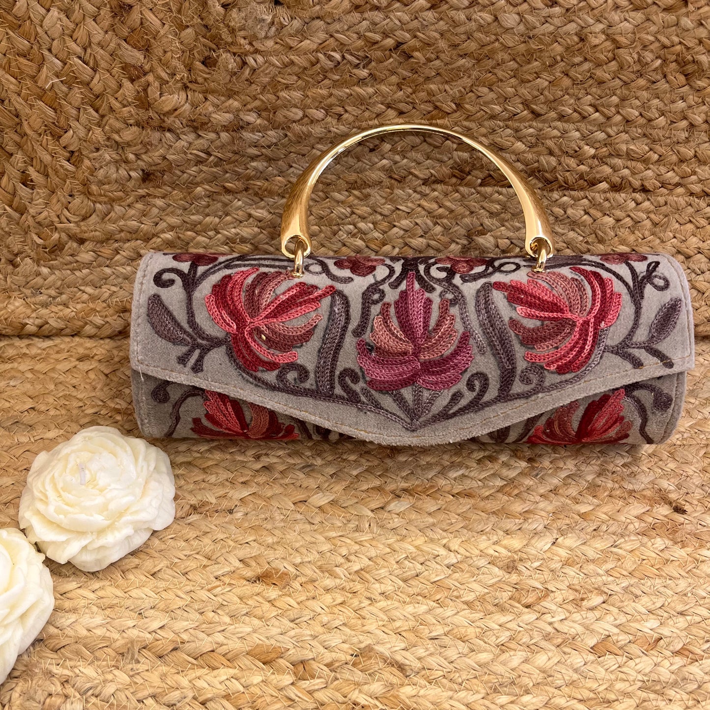 Light Grey Pink Floral Premium Kashmiri Velvet Embroidered Clutch