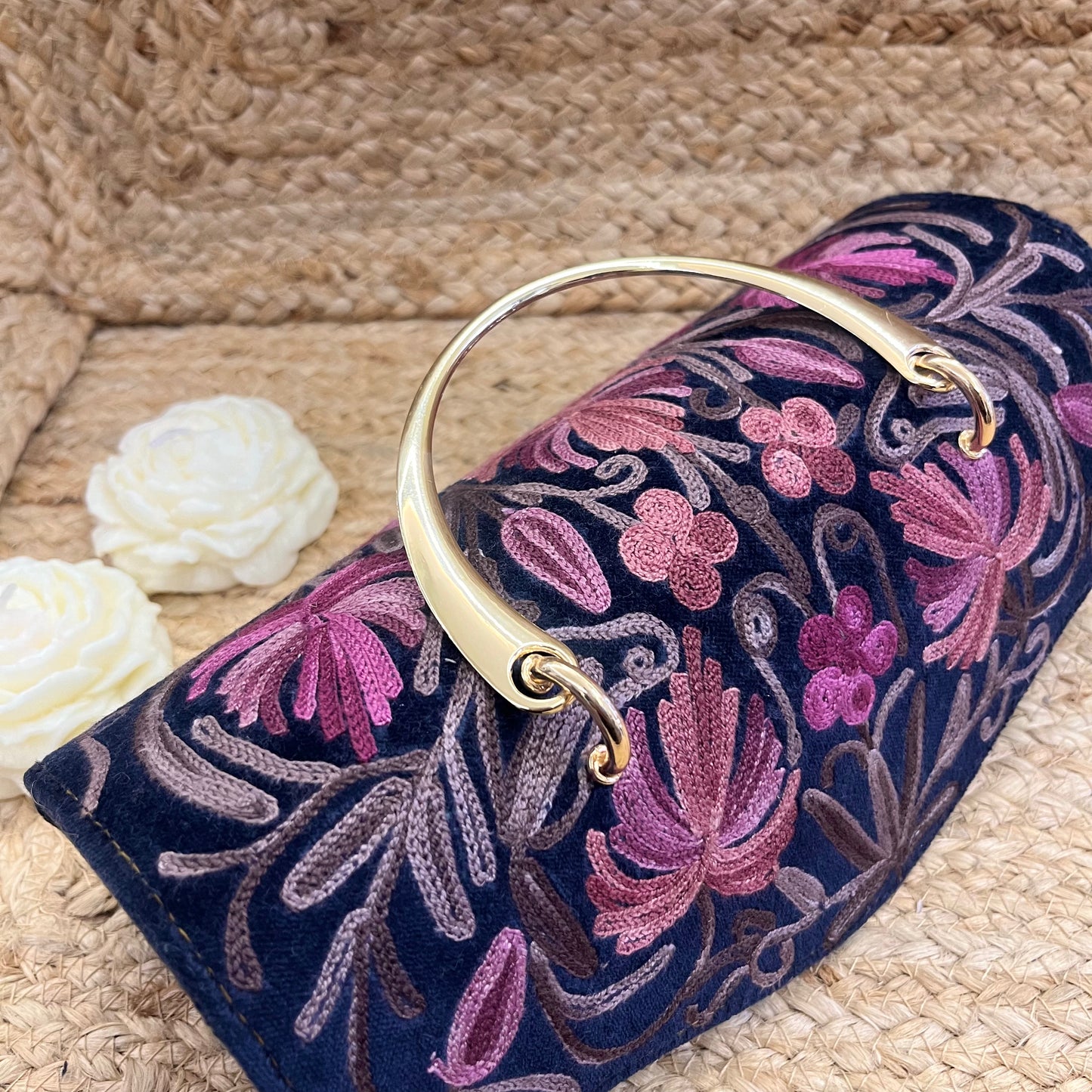 Blue Pink Floral Premium Kashmiri Velvet Embroidered Clutch