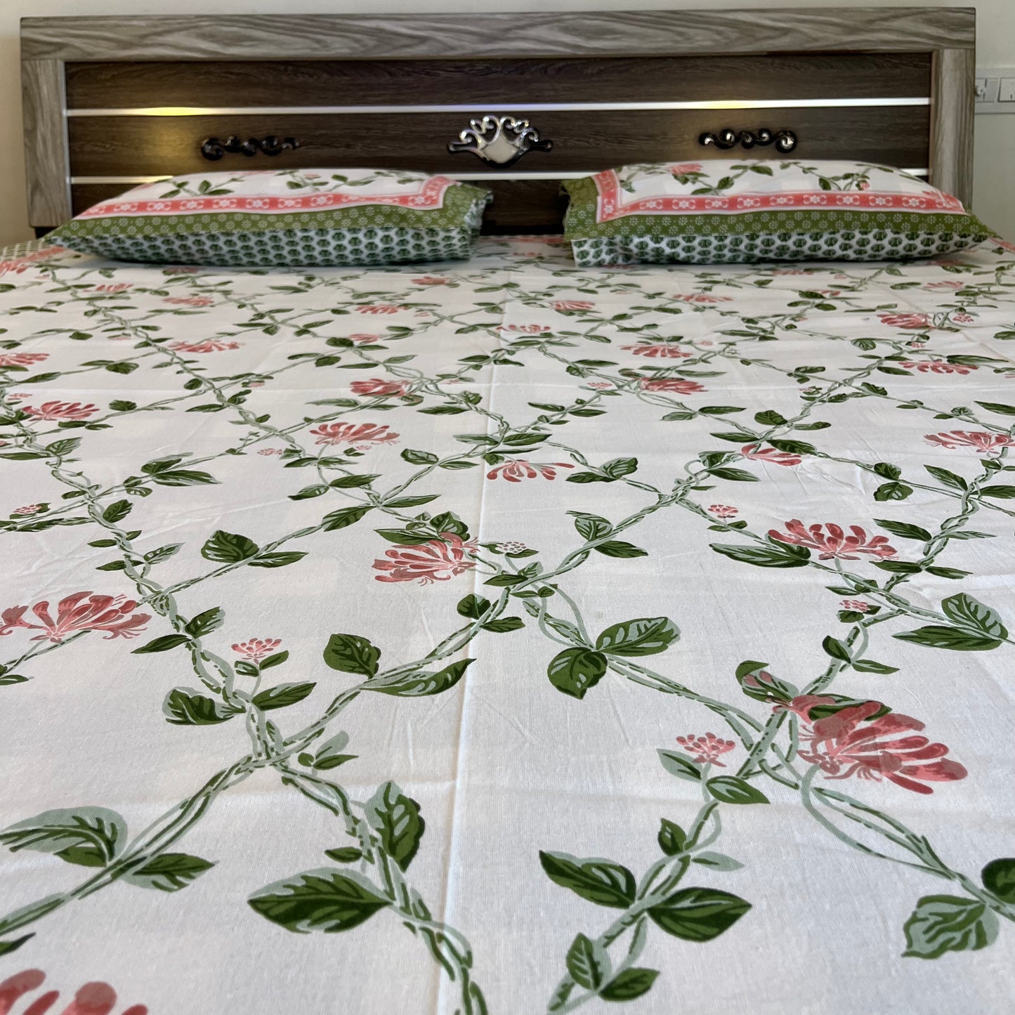 Handblock Pastel Floral Pink Double Bedsheet