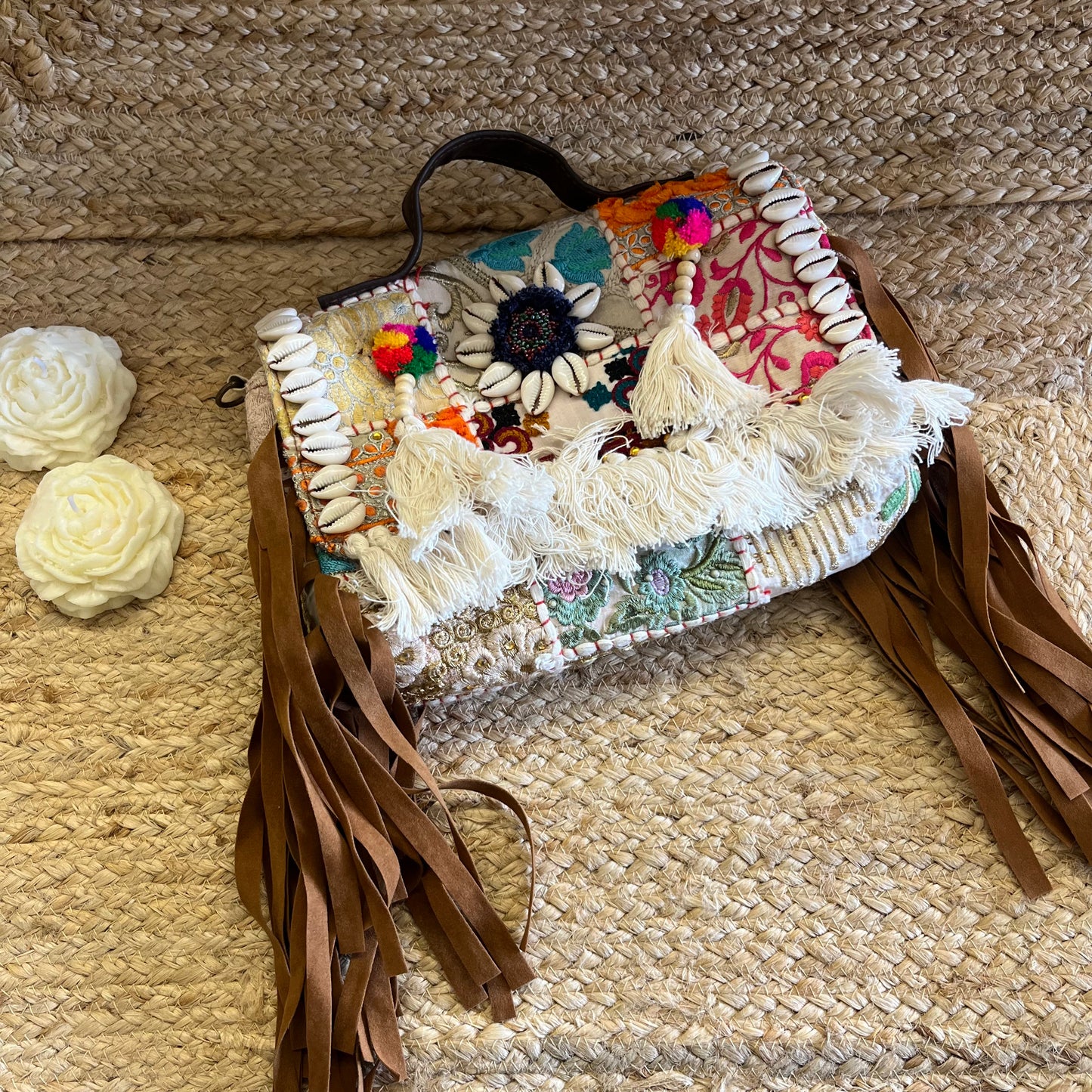 White Tasseled Boho Sling Bag with Detachable Sling