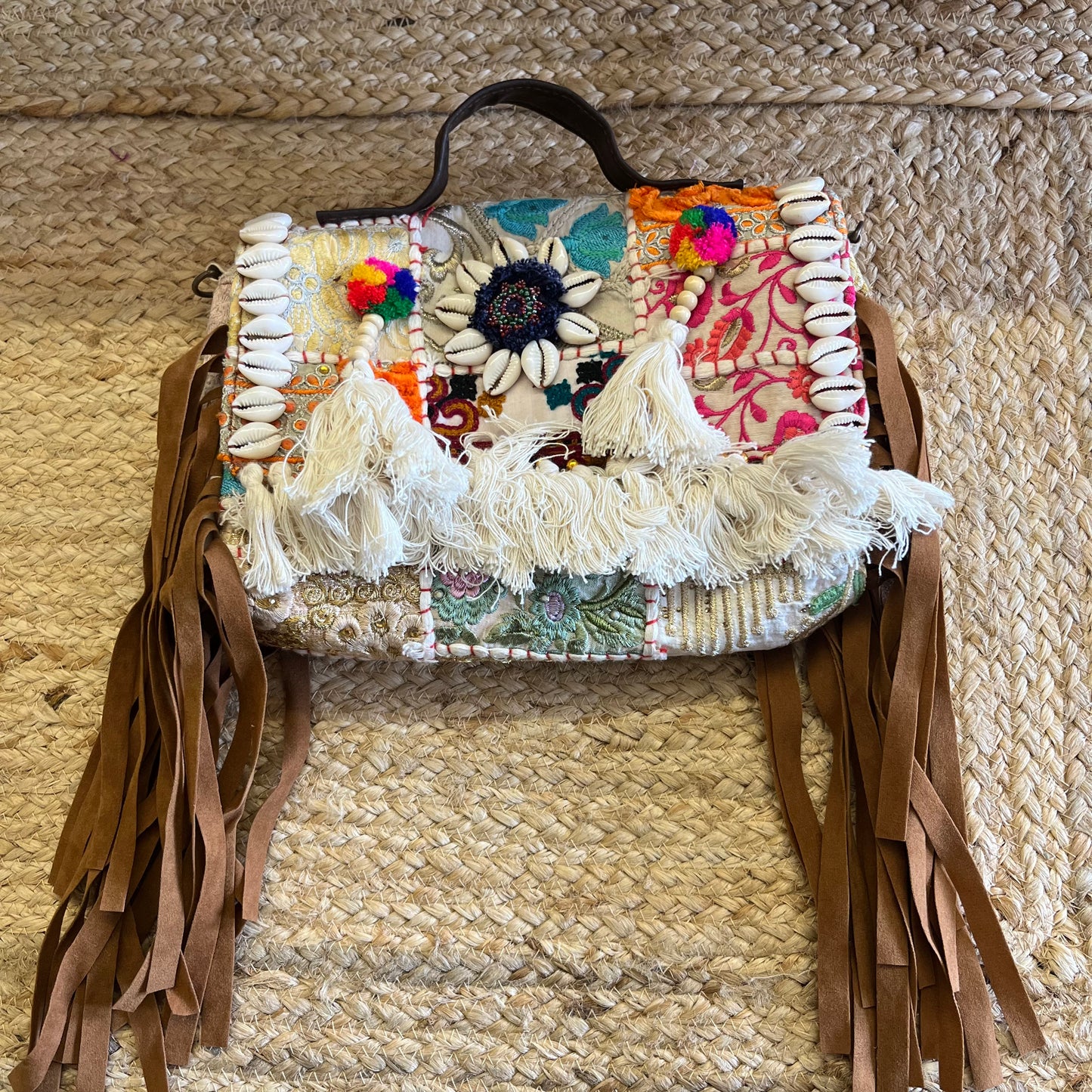 White Tasseled Boho Sling Bag with Detachable Sling
