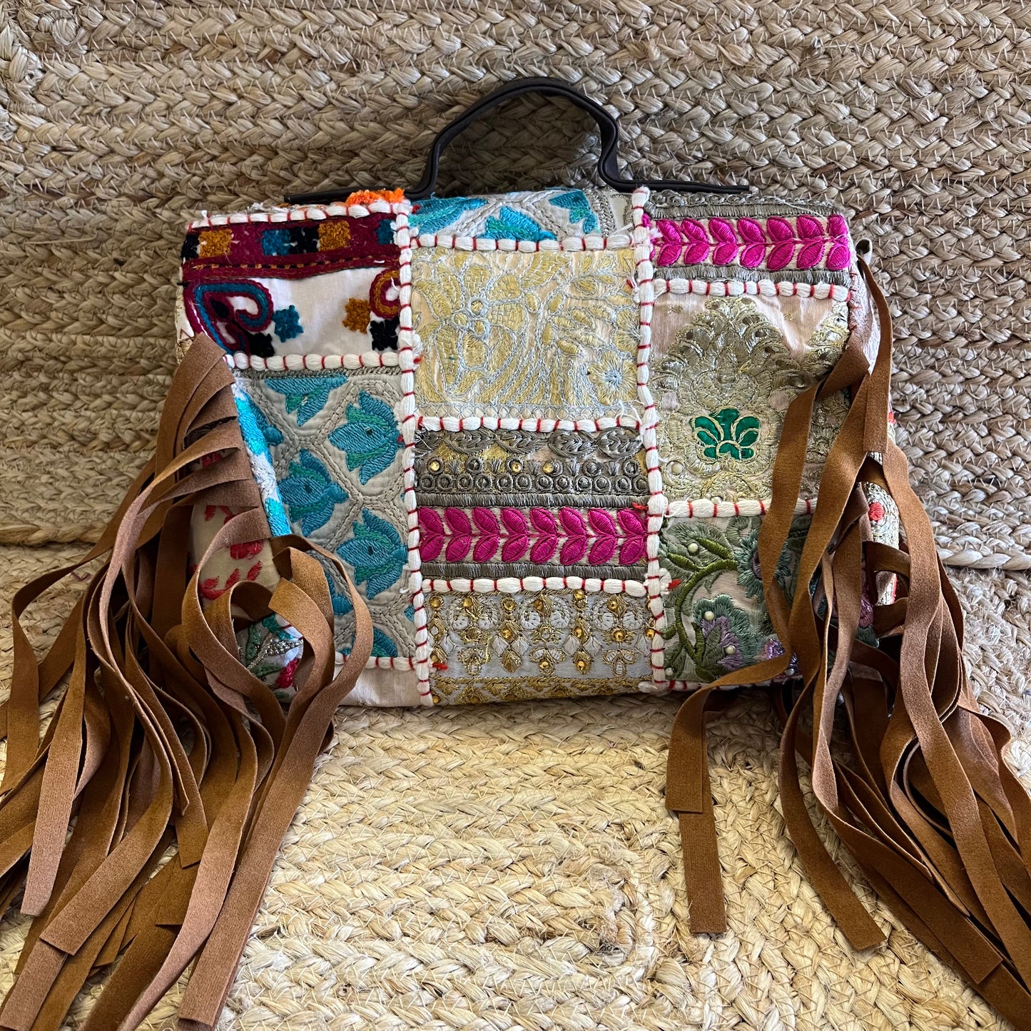 Beige Tasseled Boho Sling Bag with Detachable Sling