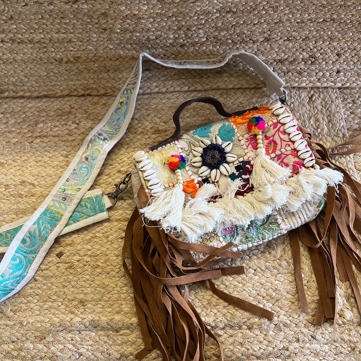 White Tasseled Boho Sling Bag with Detachable Sling