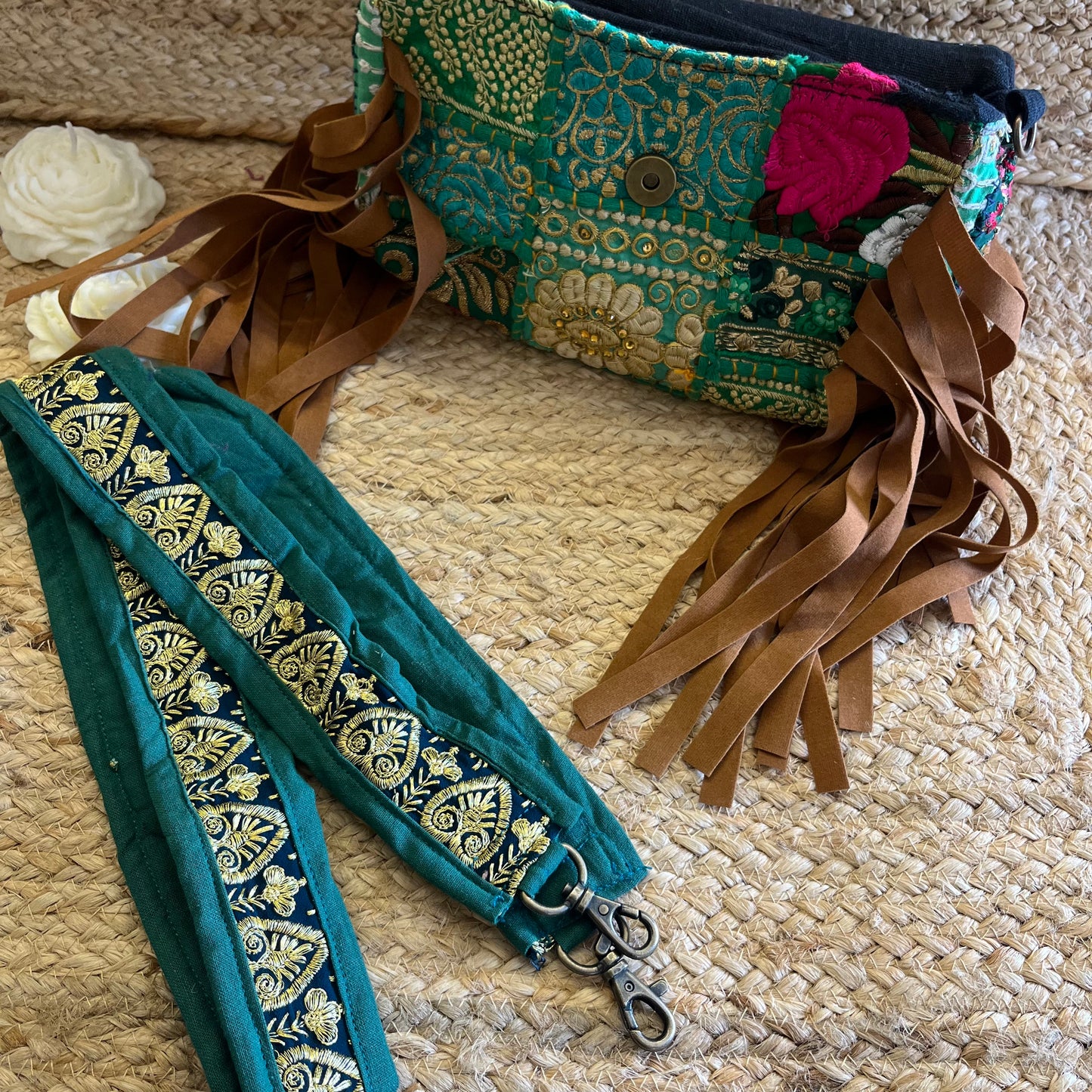 Sea Green Tasseled Boho Sling Bag with Detachable Sling