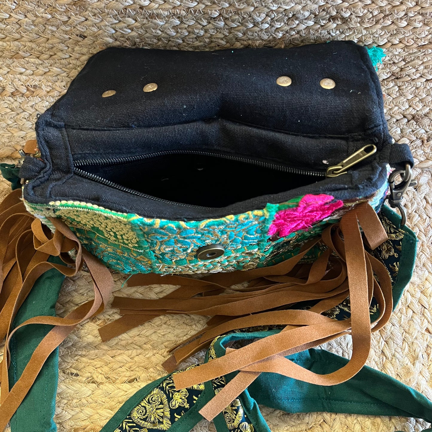 Sea Green Tasseled Boho Sling Bag with Detachable Sling