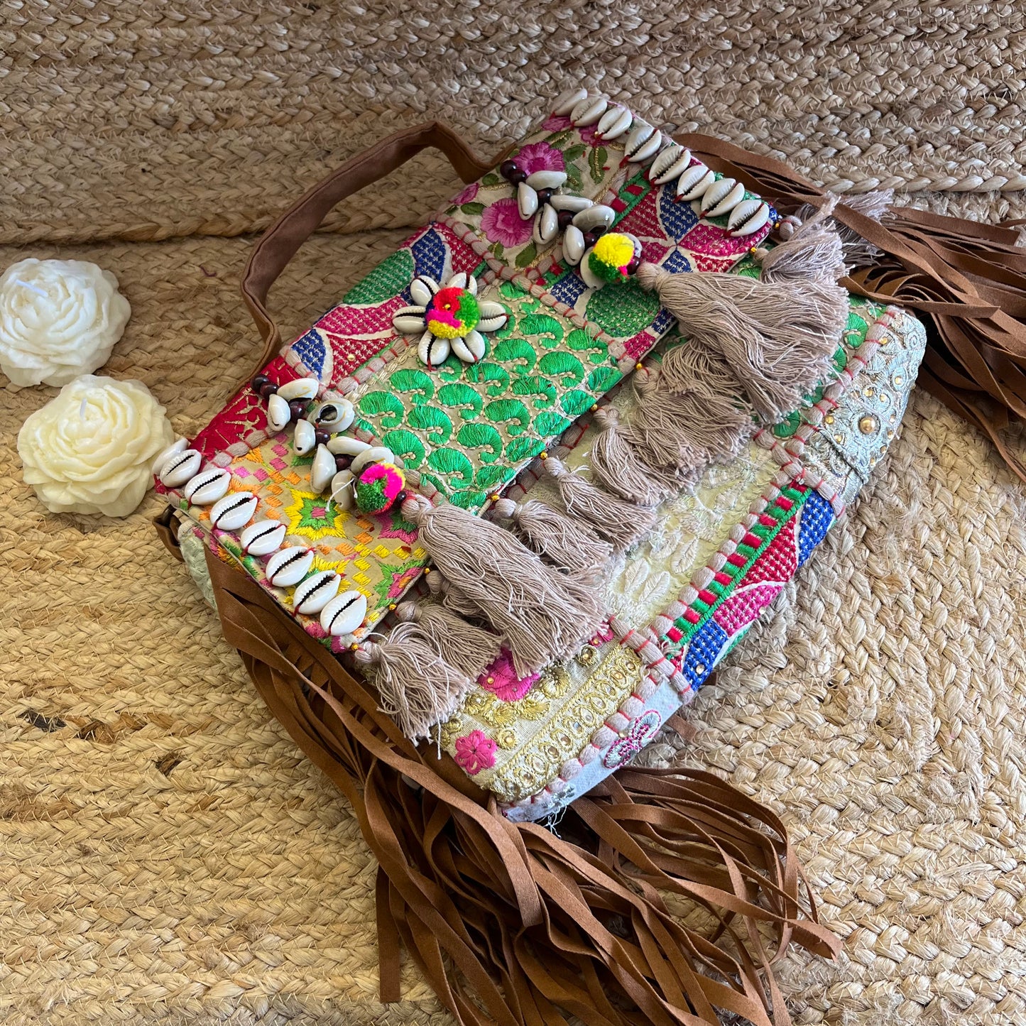 Beige Tasseled Boho Sling Bag with Detachable Sling