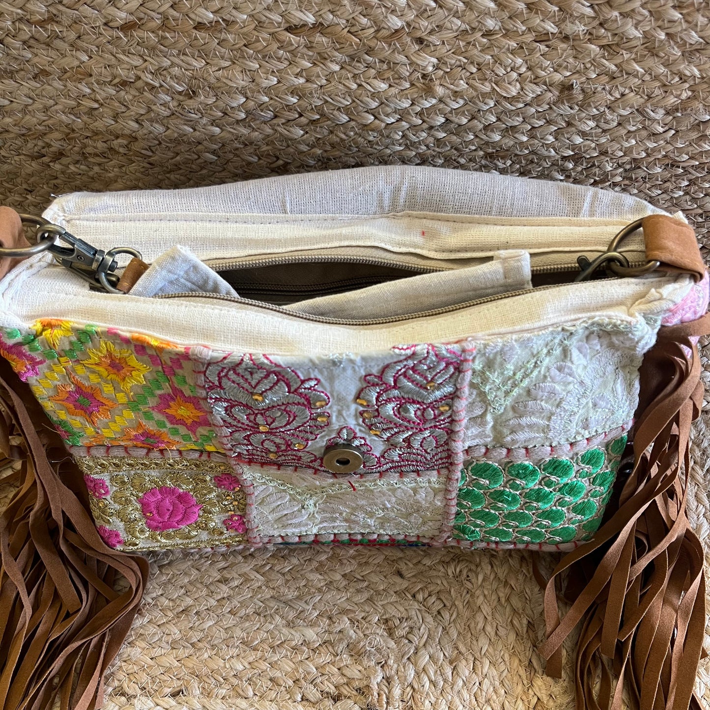 White Tasseled Boho Sling Bag with Detachable Sling
