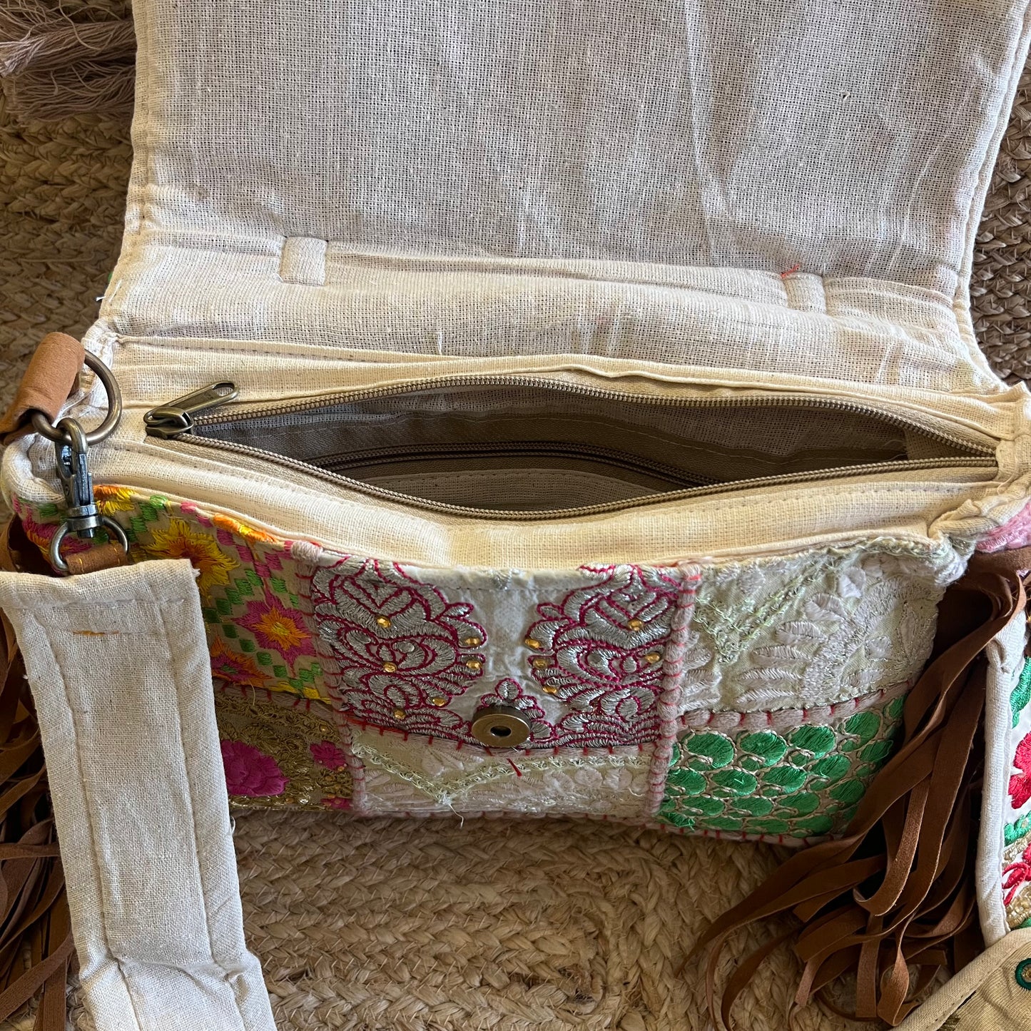 Beige Tasseled Boho Sling Bag with Detachable Sling