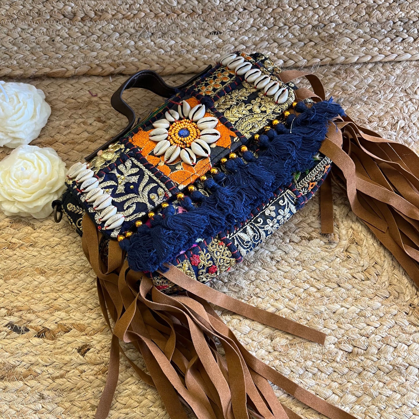 Dark Blue Tasseled Boho sling Bag with Detachable Sling