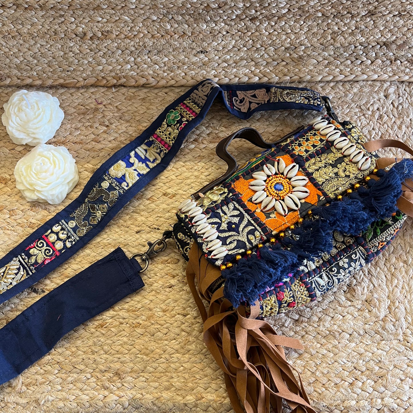 Dark Blue Tasseled Boho sling Bag with Detachable Sling