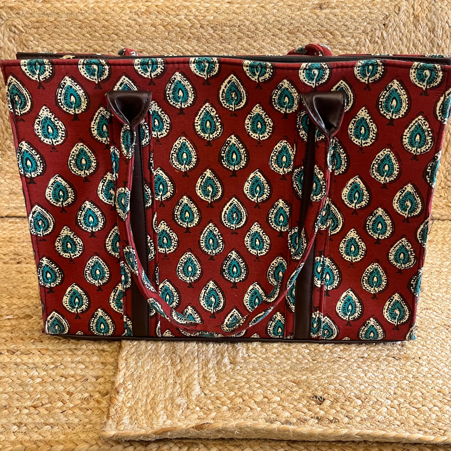 Red Green Leaf Handblock Printed Vegan Leather Laptop Bag