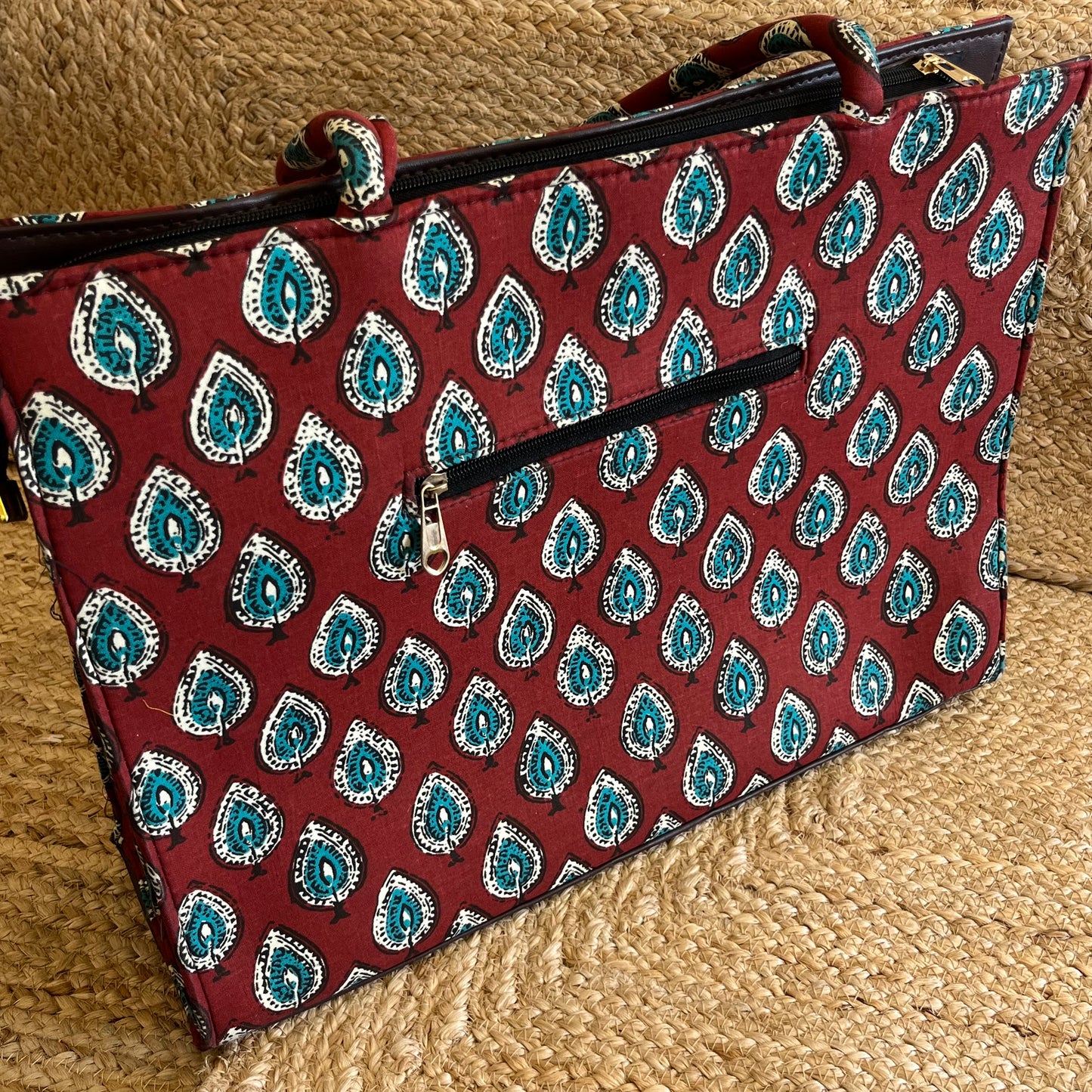 Red Green Leaf Handblock Printed Vegan Leather Laptop Bag