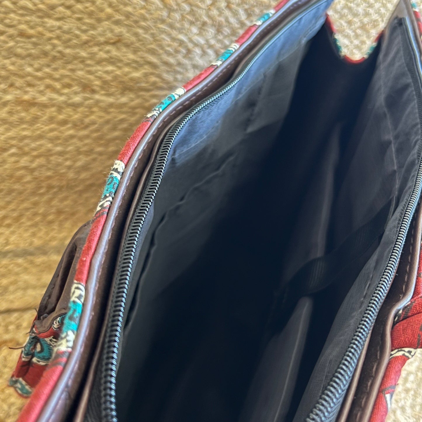 Red Green Leaf Handblock Printed Vegan Leather Laptop Bag
