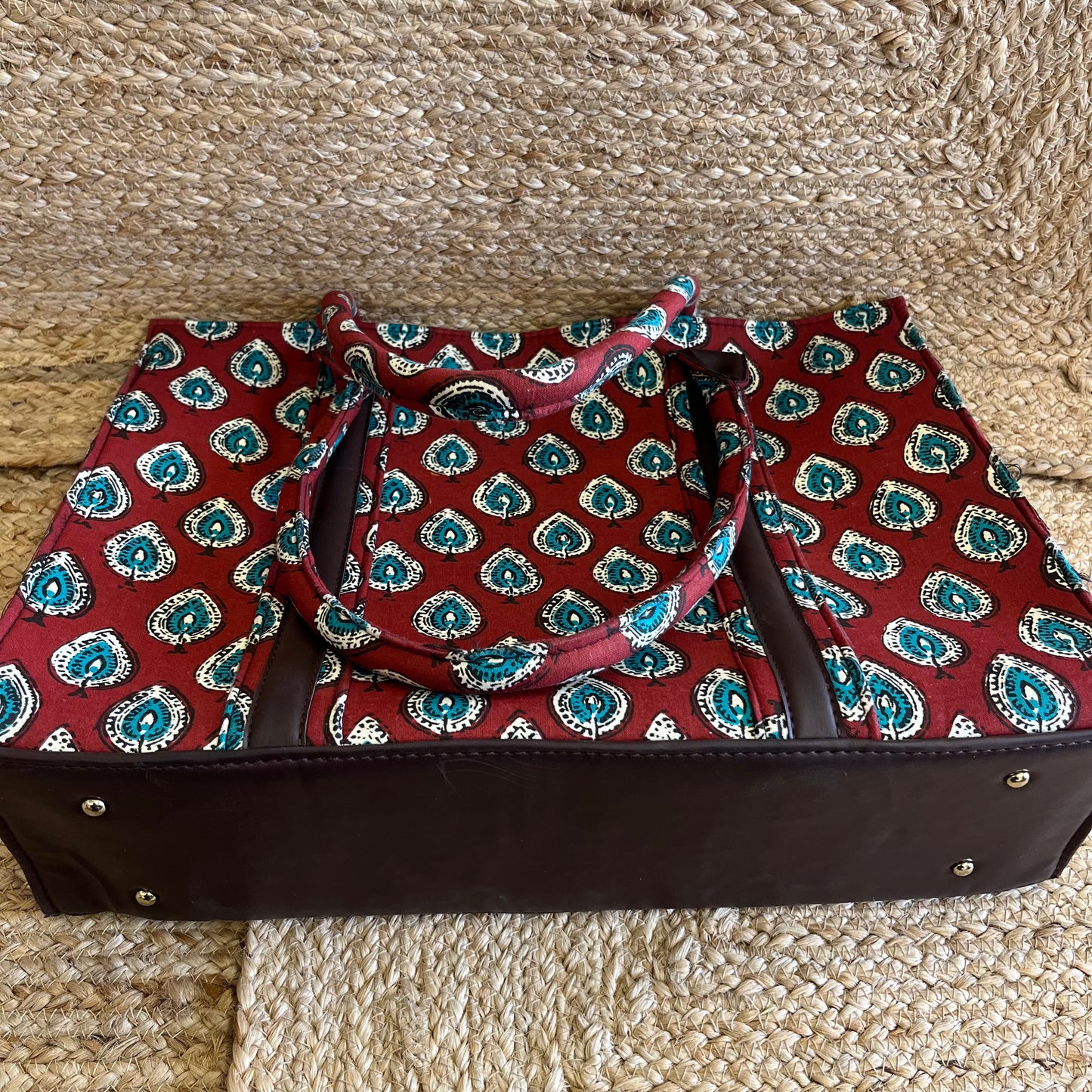 Red Green Leaf Handblock Printed Vegan Leather Laptop Bag